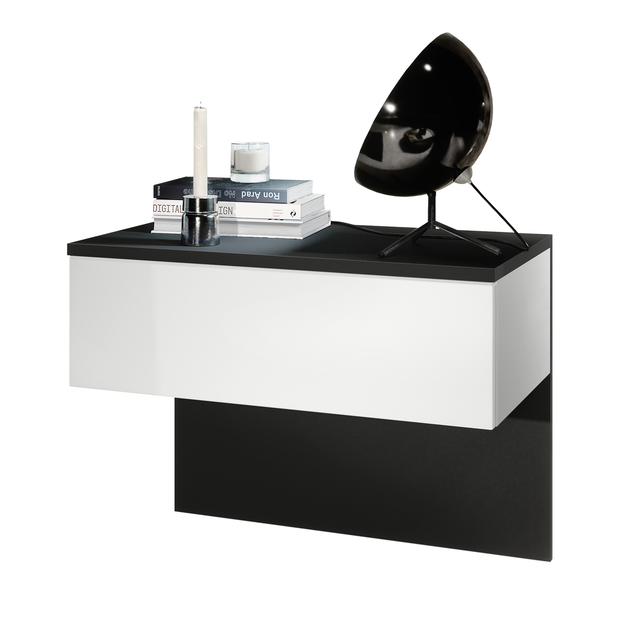 Nachttisch Sleep  mit Schublade zur Wandmontage Schwarz matt/Weiß matt (60 x 46 x 35 cm)