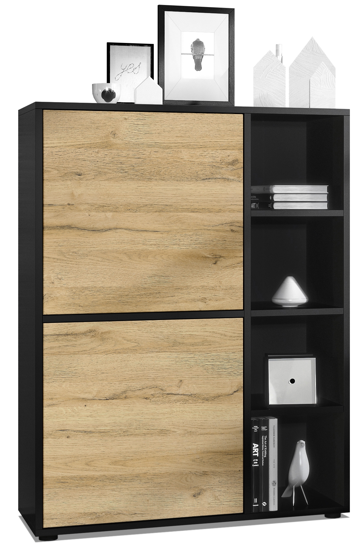 Highboard Cuba  mit 2 Türen und 4 offene Fächer Schwarz matt/Eiche Natur (79 x 105,5 x 35,5 cm)