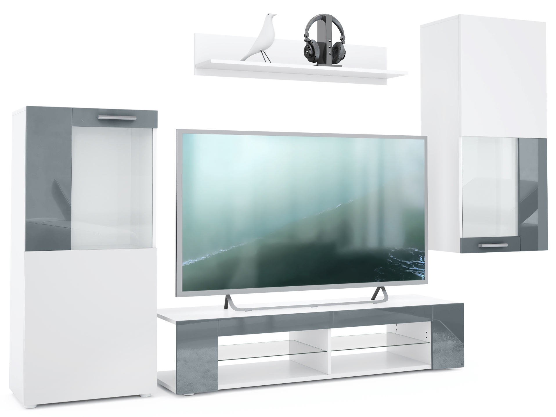 Wohnwand Movie 4-tlg. Weiß   bestehend aus 1 TV-Board, 2 Vitrinen und 1 Regal Weiß matt/Weiß matt/Grau Hochglanz (Gesamt: 300 x 190 x 39 cm)
