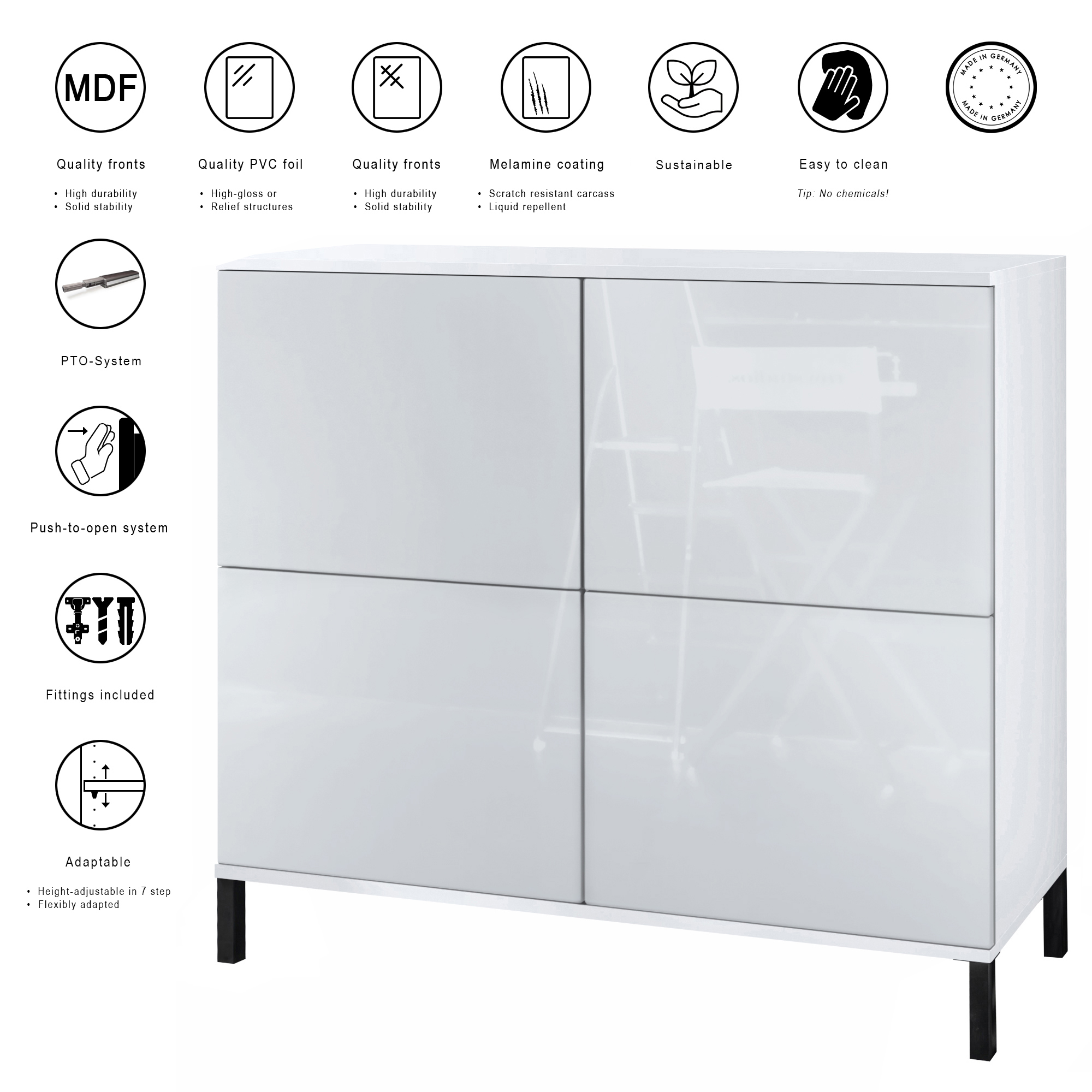 Rova V3 Kommode Weiß mit 4 Push-to-Open Türen Weiß matt / Weiß Hochglanz (92,5 x 83.5 x 35)