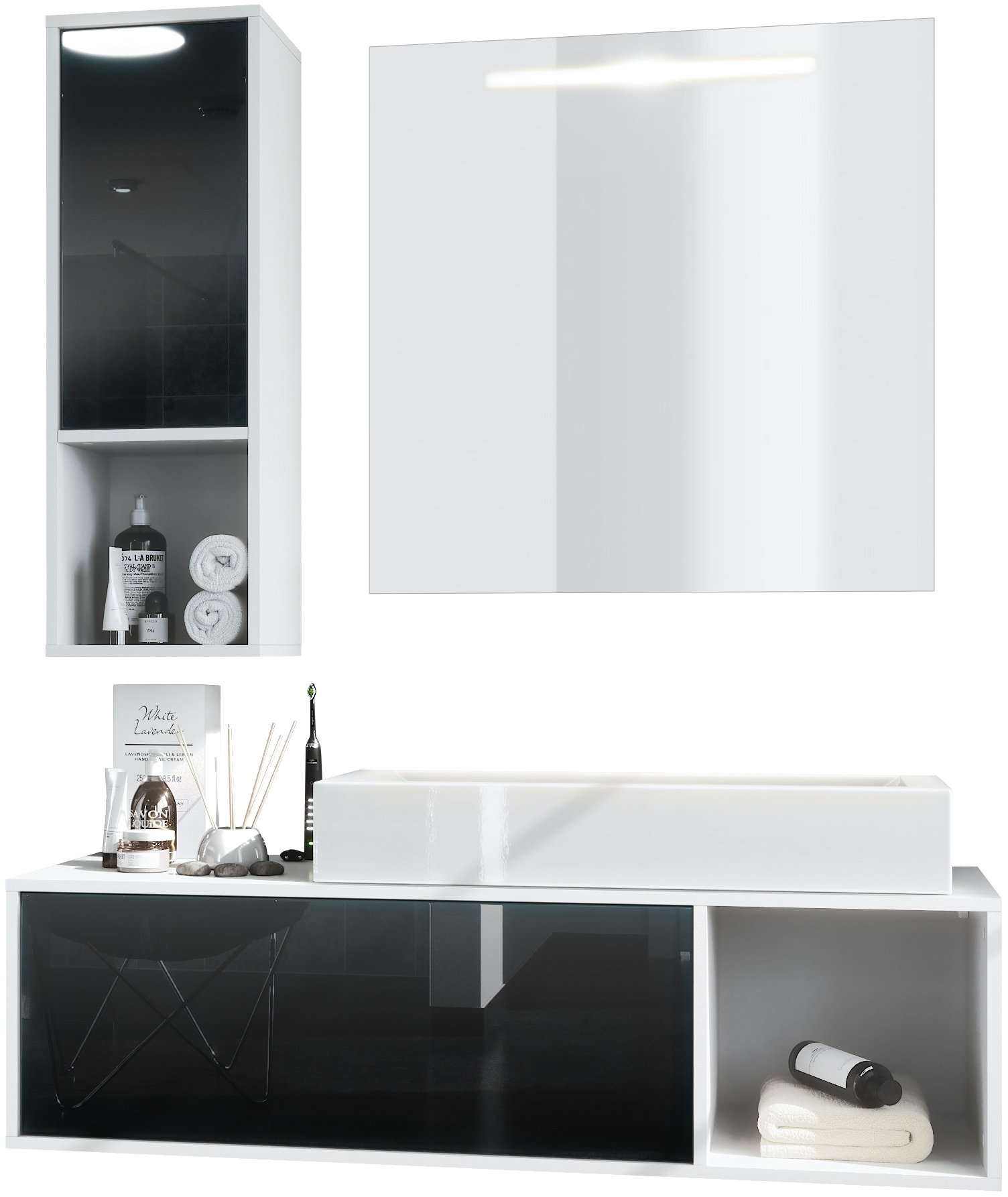 Badmöbel-Set La Costa 1 Unterschrank, 1 LED-Spiegel und 1 Waschbecken Korpus Weiß matt/Fronten Schwarz Hochglanz (‎126,5 x 195 x 46 cm)