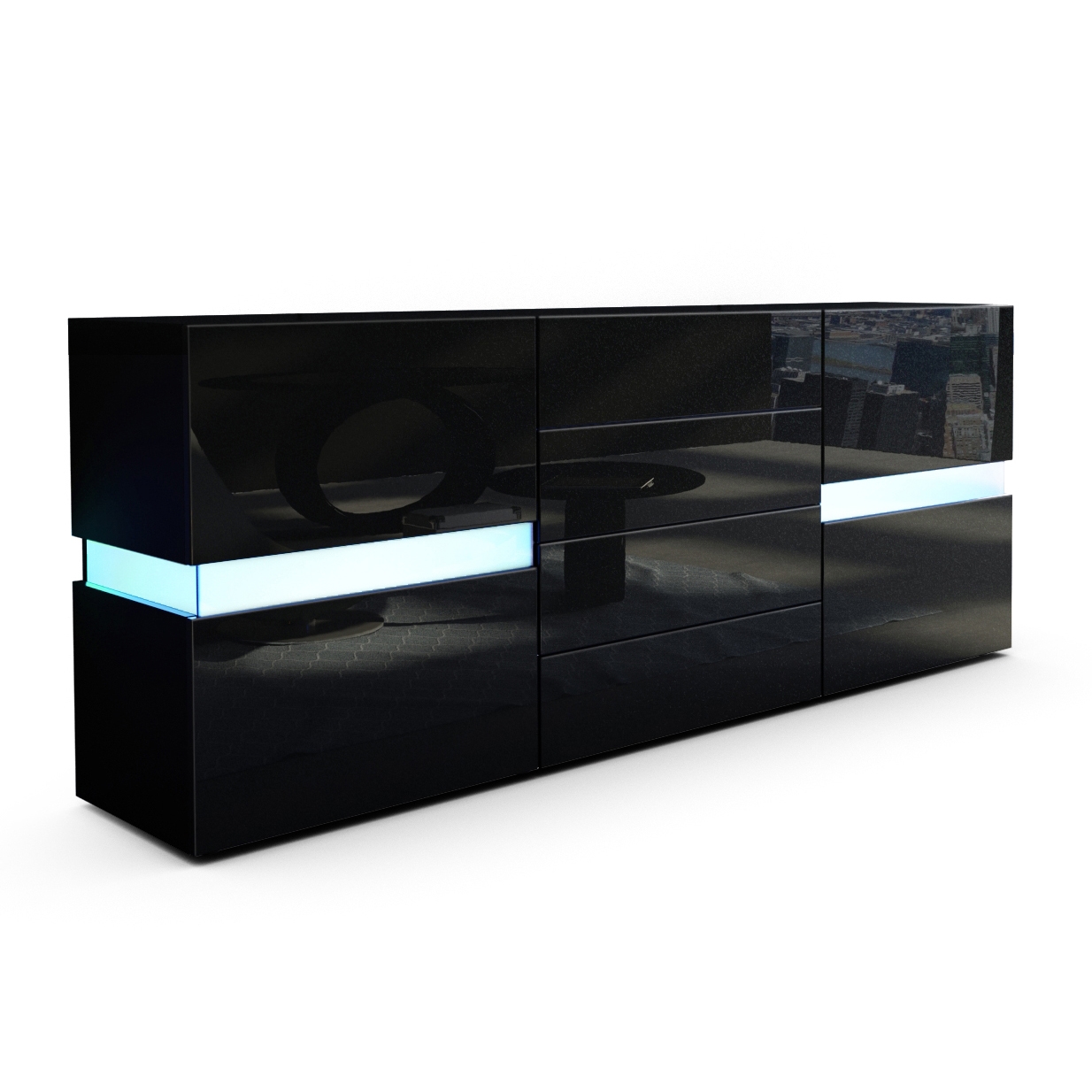Sideboard Flow mit 2 Türen, je 2 Fächer dahinter und 4 Schubladen Schwarz matt/Schwarz Hochglanz, inkl. LED-Beleuchtung (177x75x39 cm) Sideboard Flow mit 2 Türen, je 2 Fächer dahinter und 4 Schubladen Schwarz matt/Schwarz Hochglanz, inkl. LED-Beleuchtung (177x75x39 cm)