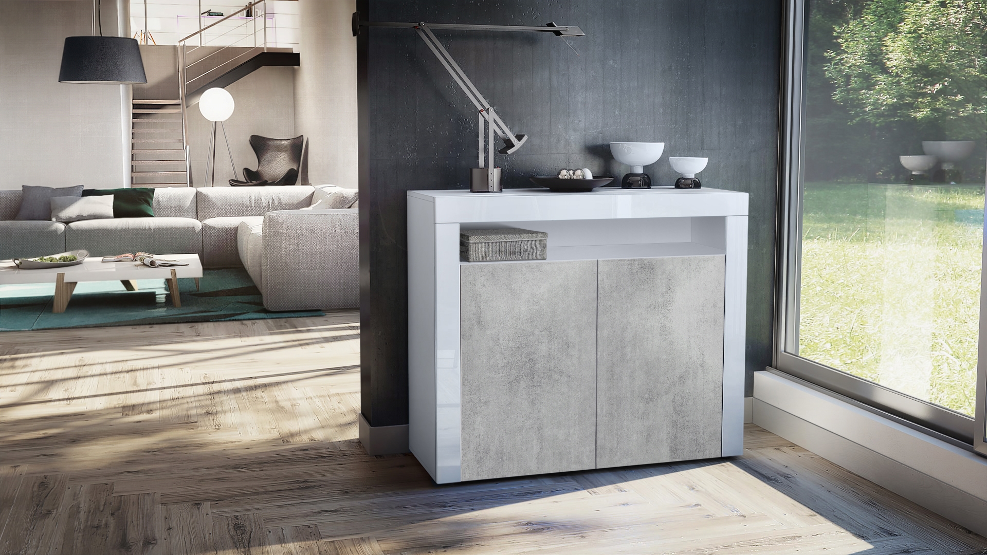 Kommode Valencia mit 2 Türen und 1 offenem Fach Weiß matt/Beton Oxid Optik/Weiß Hochglanz (108 x 92 x 40 cm)