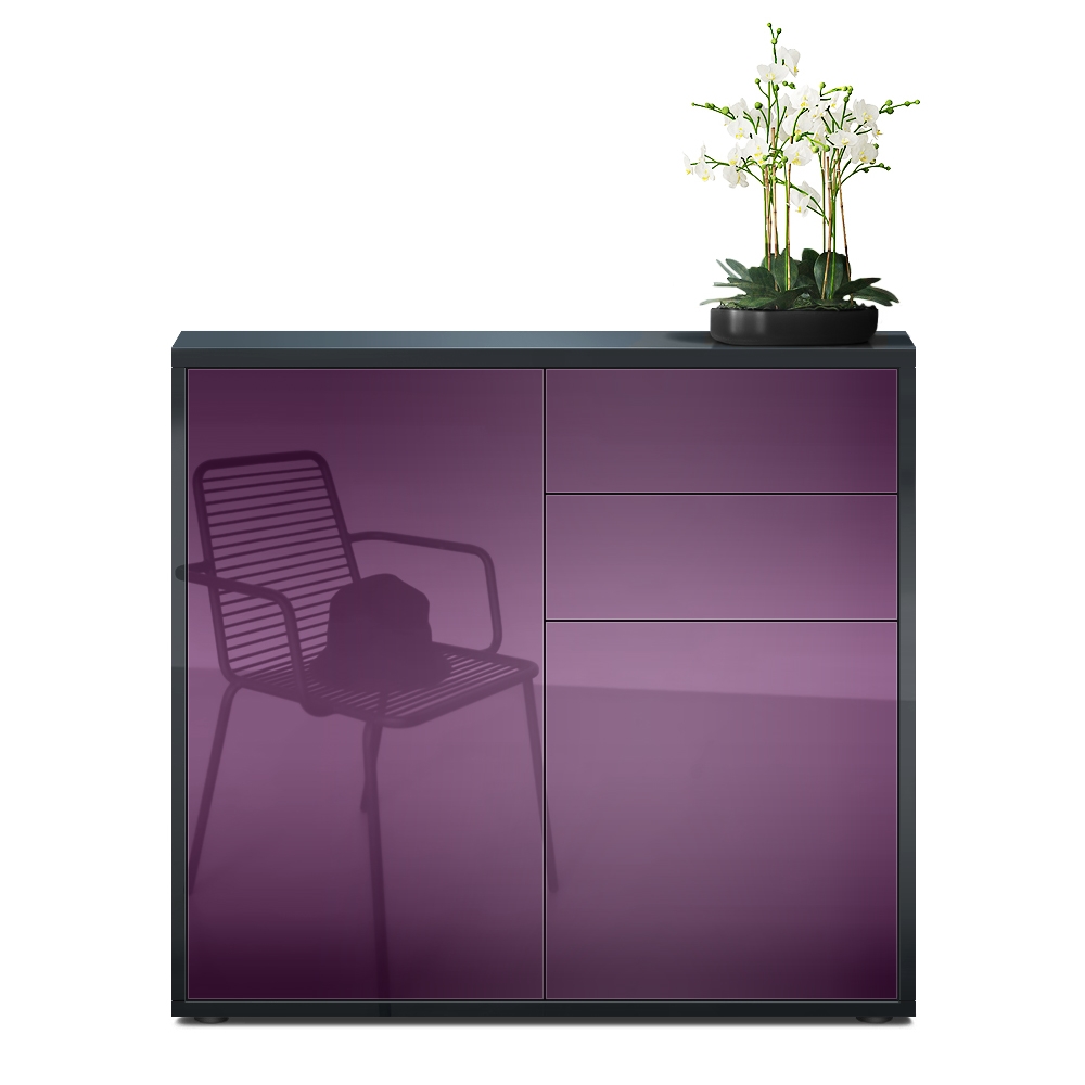 Kommode Ben  mit 2 Türen und 2 Schubladen Schwarz Hochglanz/Brombeer Hochglanz (79 x 74 x 36 cm)