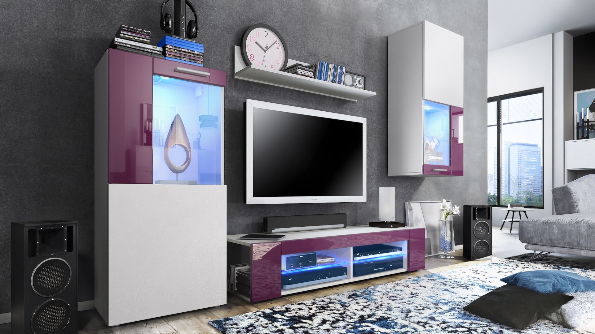 Wohnwand Movie 4-tlg. Weiß mit blauer LED  bestehend aus 1 TV-Board, 2 Vitrinen und 1 Regal Weiß matt/Weiß matt/Brombeer Hochglanz mit Beleuchtung (300x190x39 cm)
