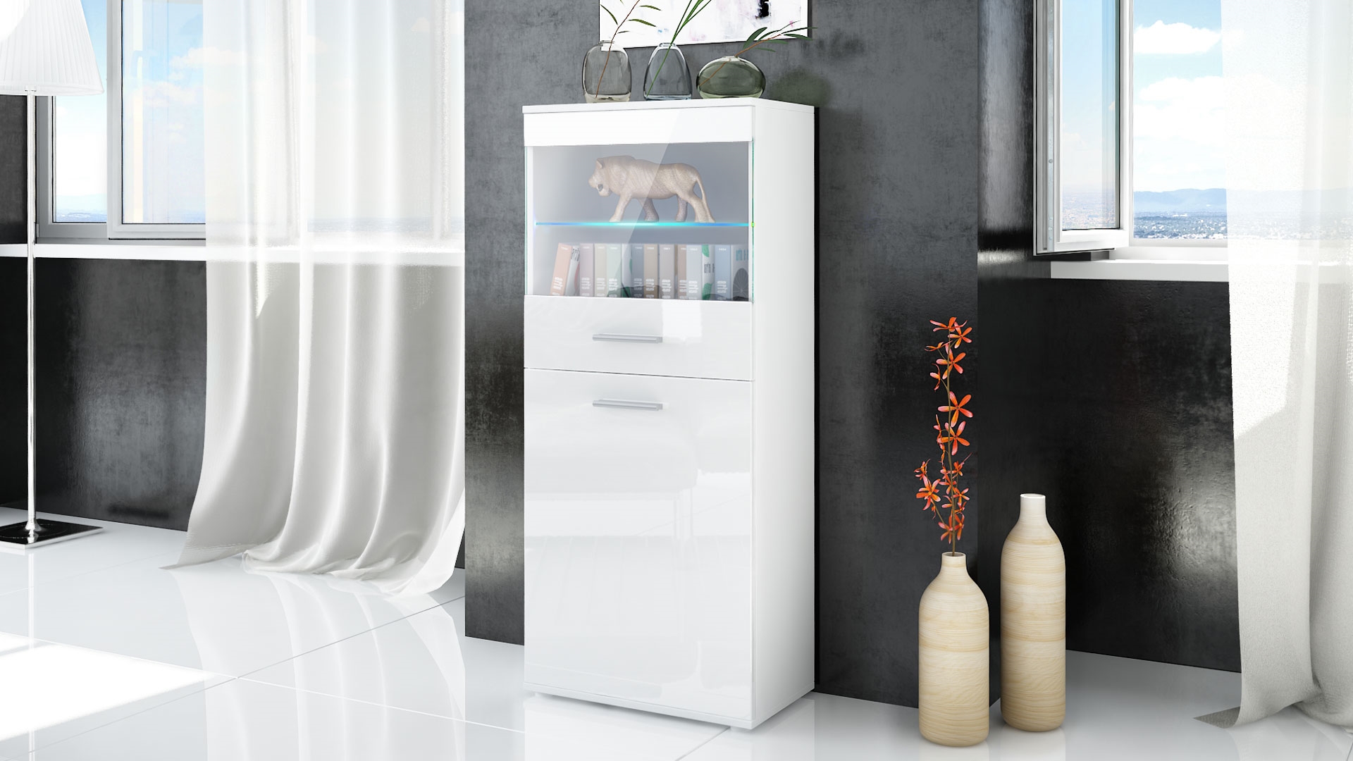 Vitrine Almada mit 2 Türen, 4 Fächern und 1 Glaseinsatz Weiß matt/Weiß Hochglanz (53 x 125 x 30 cm)