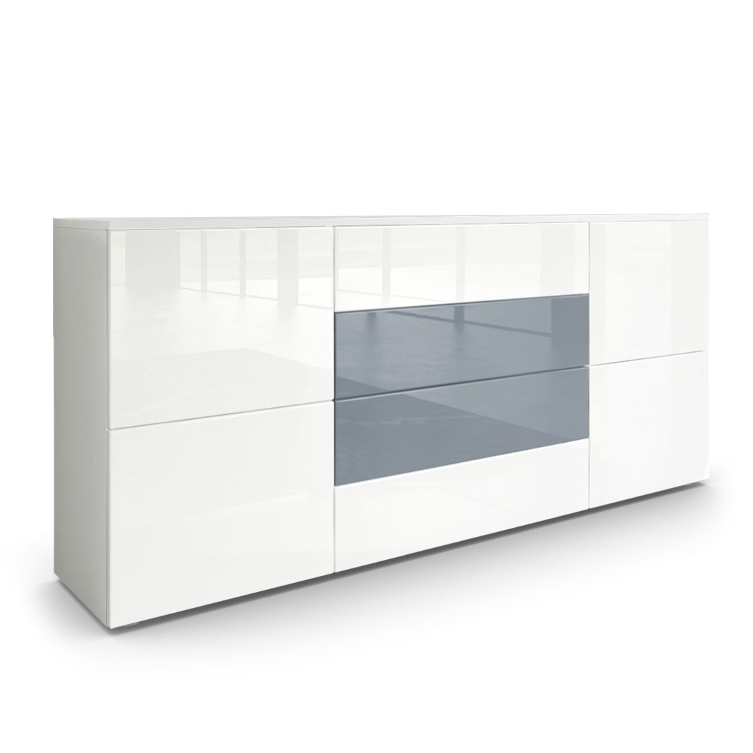 Sideboard Rova mit 4 Türen und 4 Schubladen Weiß matt/Weiß Hochglanz/Grau Hochglanz (166 x 72 x 35 cm)