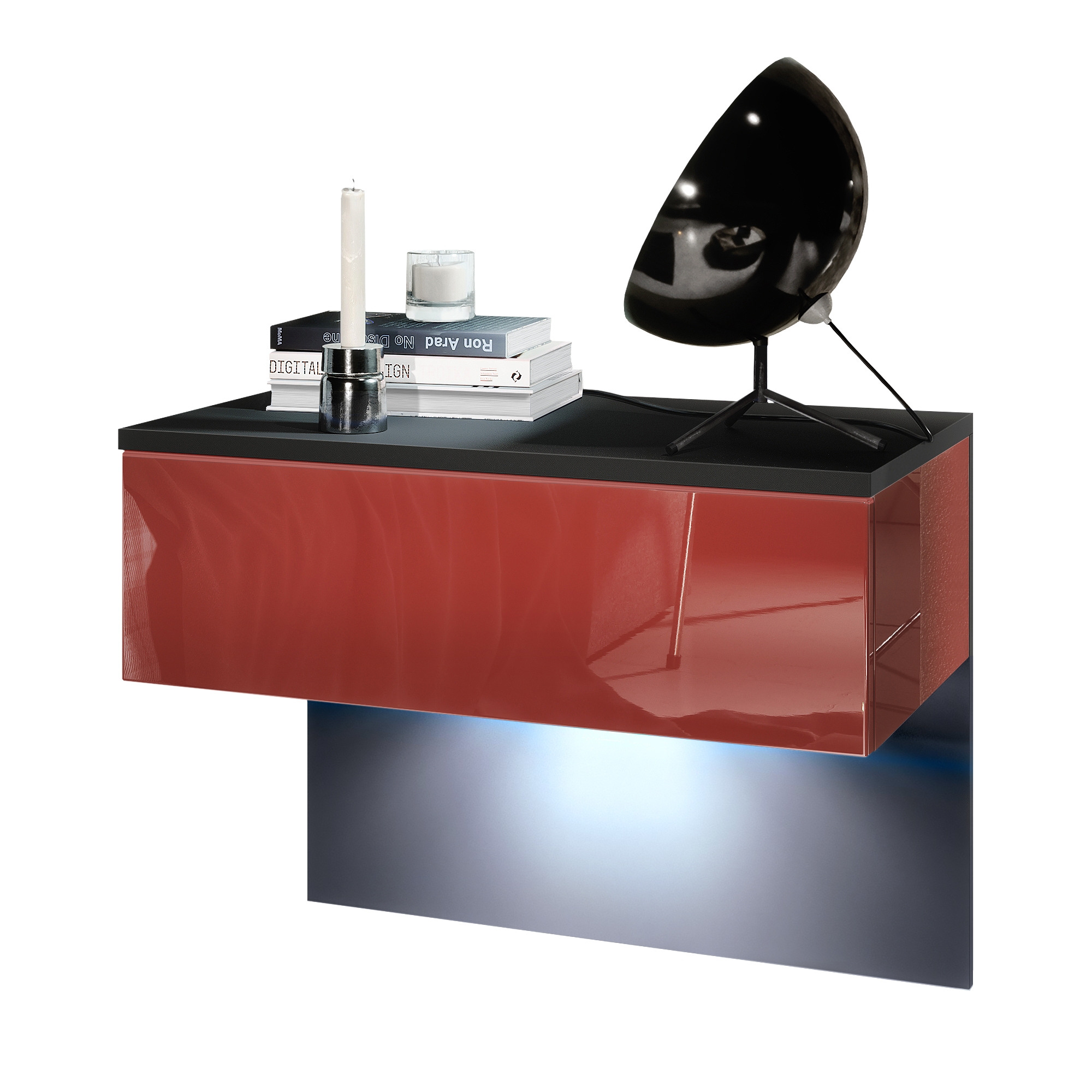 Nachttisch Sleep mit Schublade zur Wandmontage Schwarz matt/Bordeaux Hochglanz (60 x 46 x 35 cm)