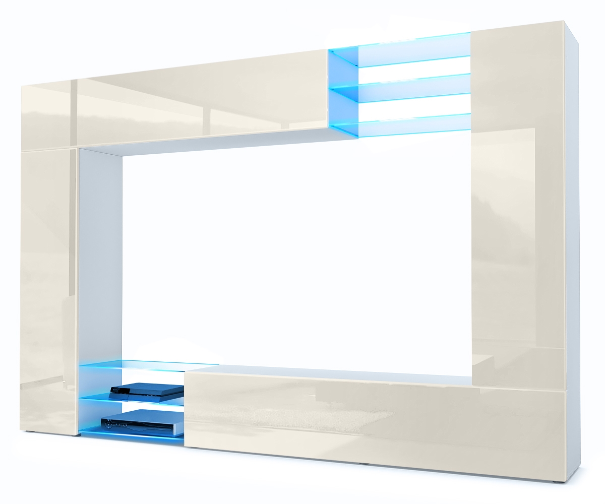 Wohnwand Mirage 4-tlg. 2 Klappen und 6 offenen Glasablagen Weiß matt/Creme Hochglanz, inkl. LED-Beleuchtung (262 x 183 x 39 cm) Wohnwand Mirage 4-tlg. 2 Klappen und 6 offenen Glasablagen Weiß matt/Creme Hochglanz, inkl. LED-Beleuchtung (262 x 183 x 39 cm)