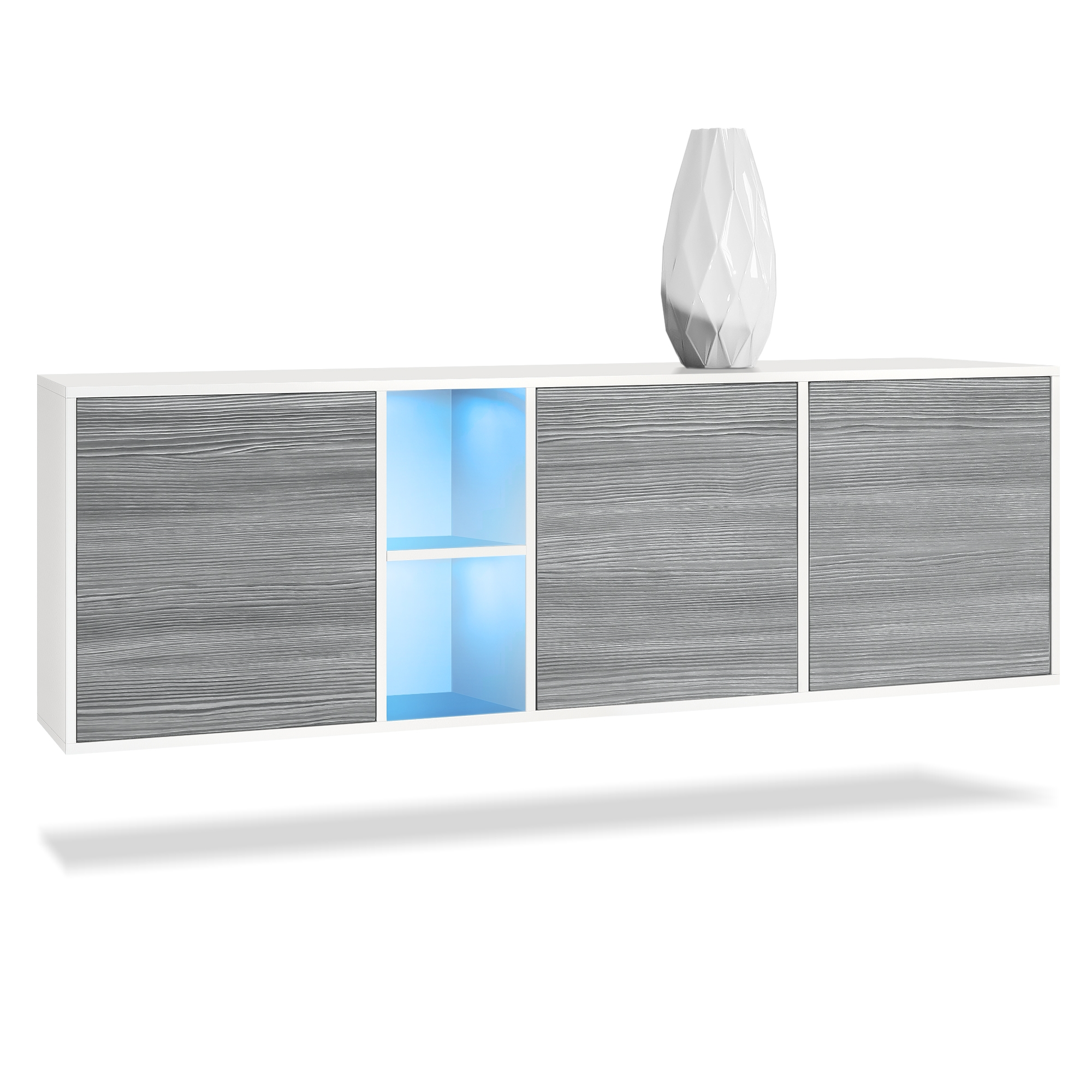 Sideboard Cuba  mit 3 Türen und 2 offene Fächer Weiß matt/Avola-Anthrazit inkl. LED-Beleuchtung (182 x 53 x 35 cm)