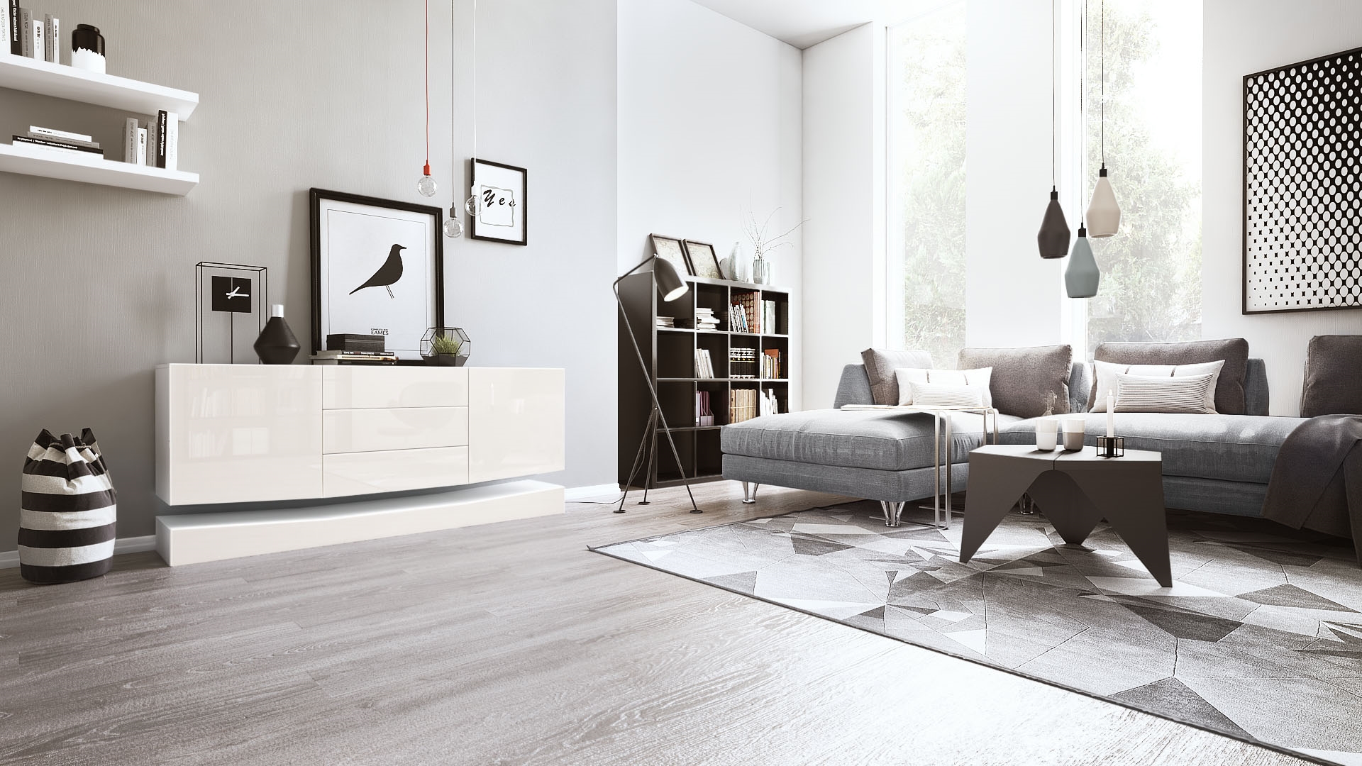 Sideboard City  mit 2 Türen und 3 Schubladen Weiß matt/Creme Hochglanz (178 x 72 x 38 cm)