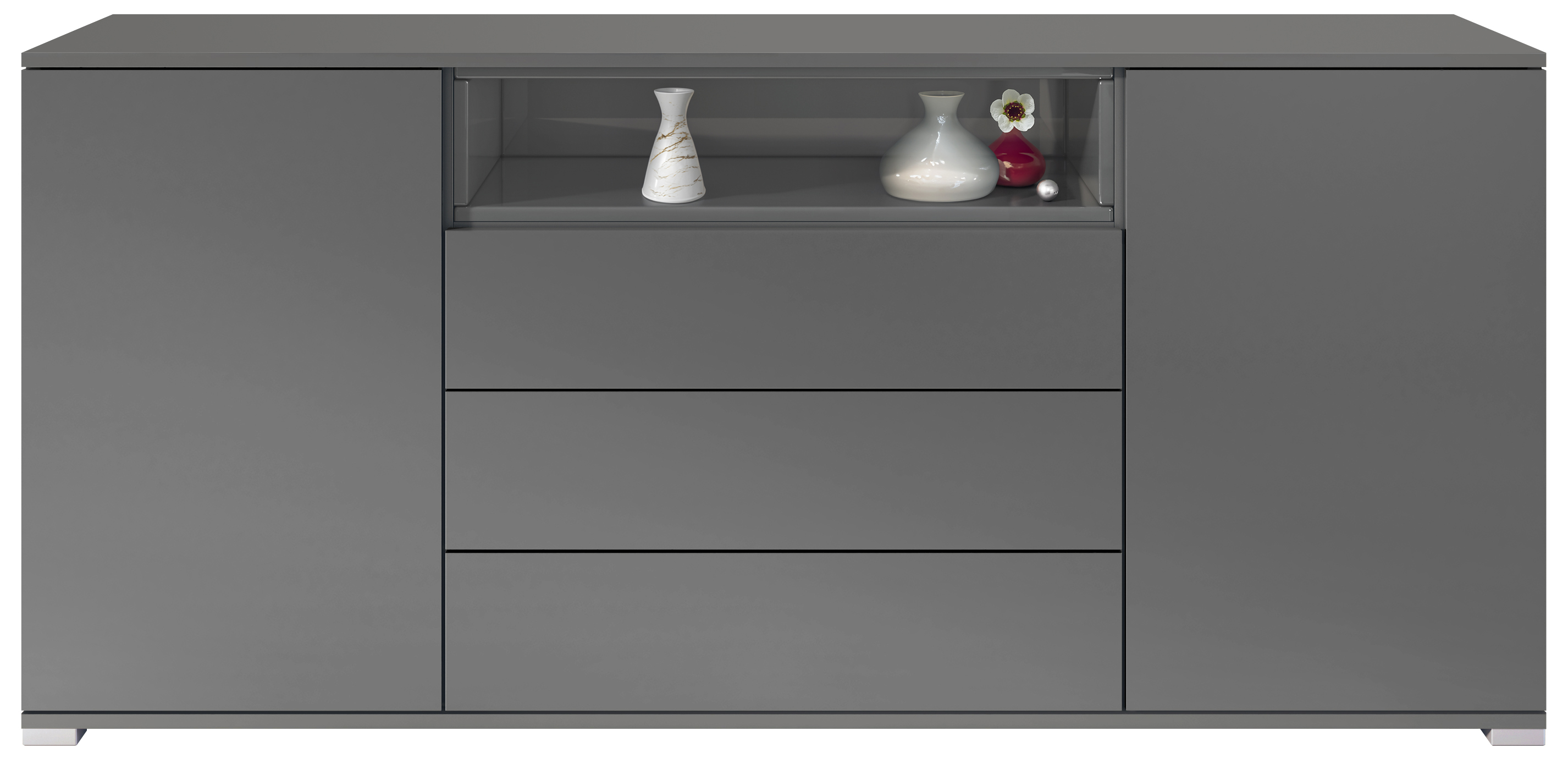 Skadu V4 Sideboard Anthrazit mit 2 Türen, 3 Schubladen und 1 offenem Fach Anthrazit matt/Grau Hochglanz (166,5 x 75,5 x 35 cm)