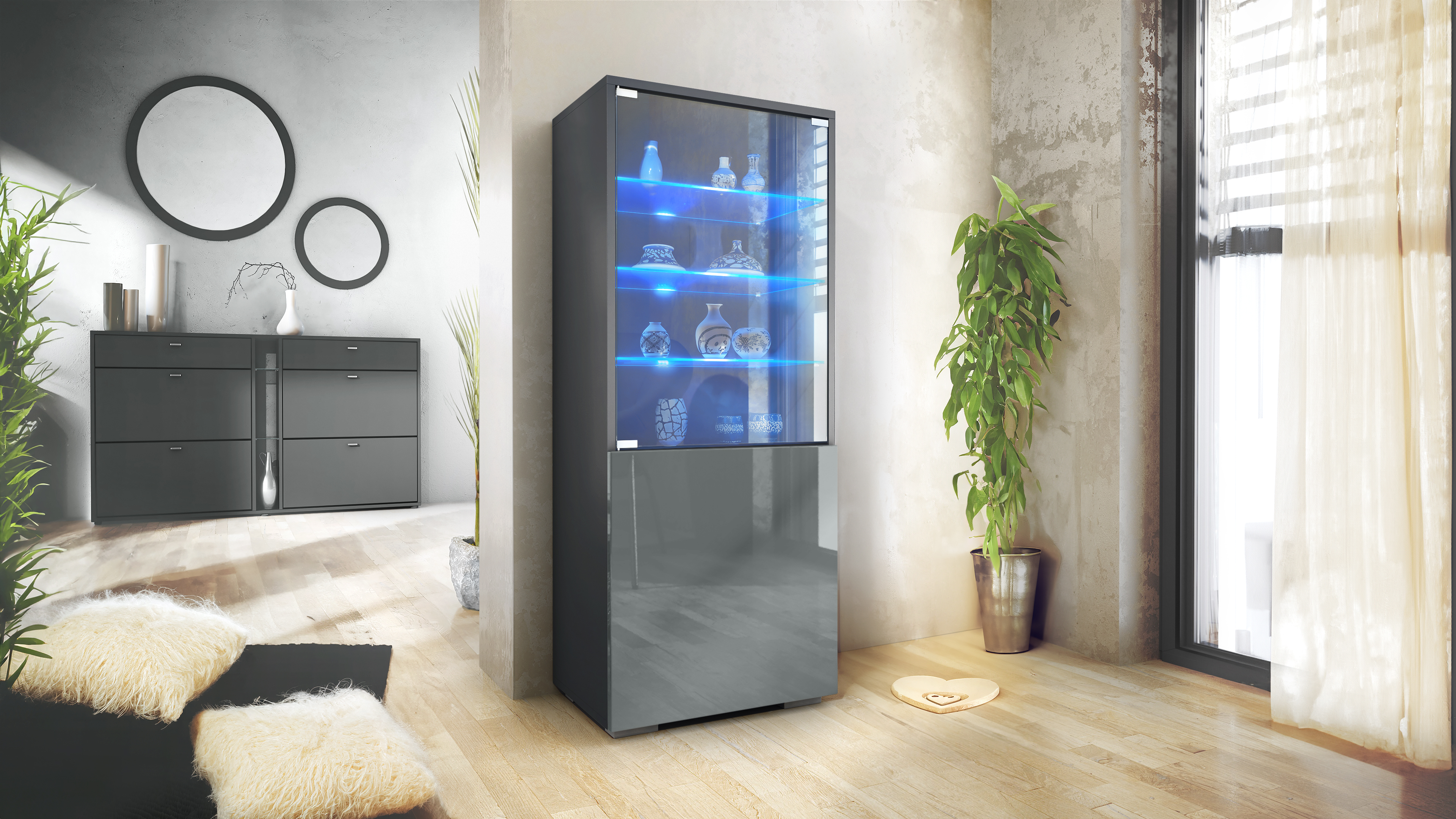 Granada Vitrine Anthrazit mit LED mit Glastür und Glaseinsatz inkl. LED Anthrazit matt/Grau Hochglanz (50 x 122,5 x 34,5 cm)