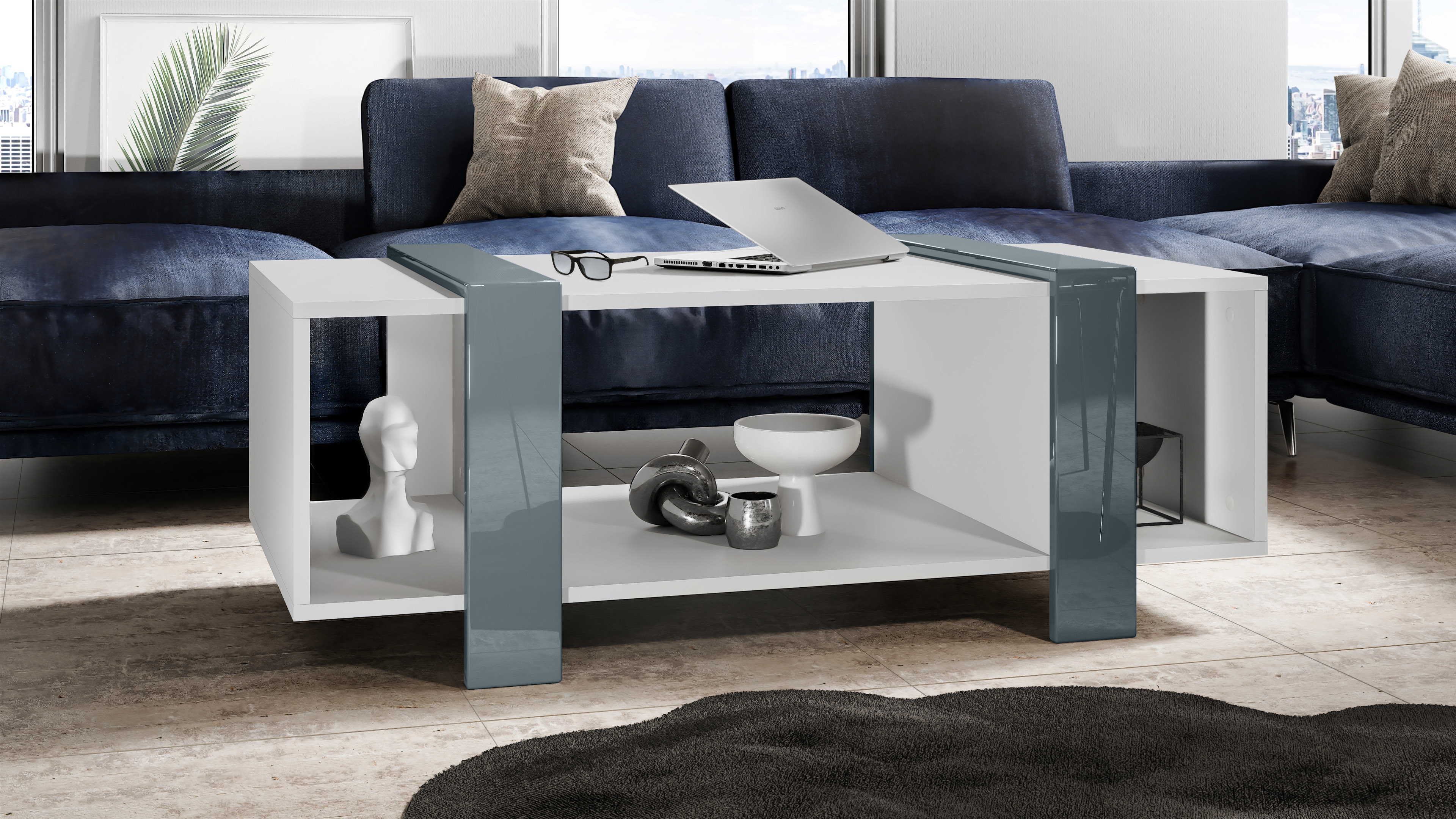 Couchtisch Ida  mit drei Fächern Weiß matt/Grau Hochglanz (110,5 x 42 x 56,5 cm)