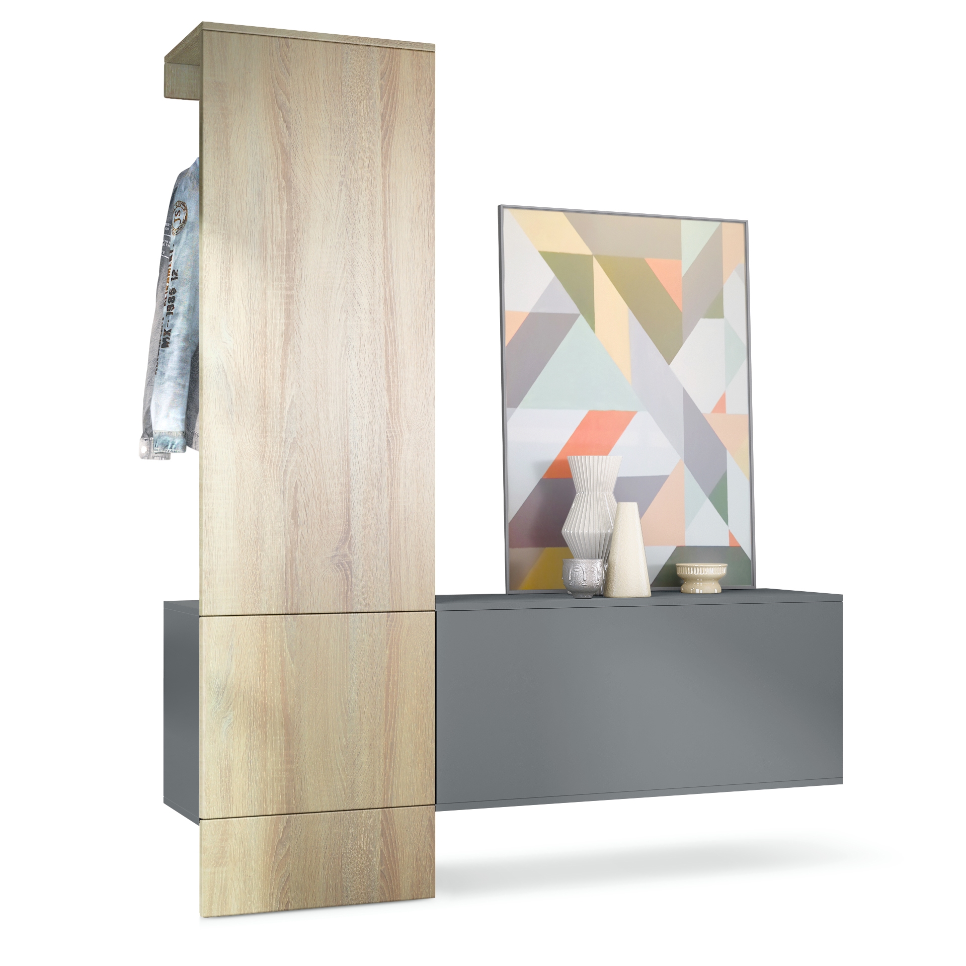Garderobe Carlton Set 4 Anthrazit 3-tlg. 1 Paneel und 1 Schrankmodul Anthrazit matt/Eiche sägerau (156,5 x 193 x 35 cm)