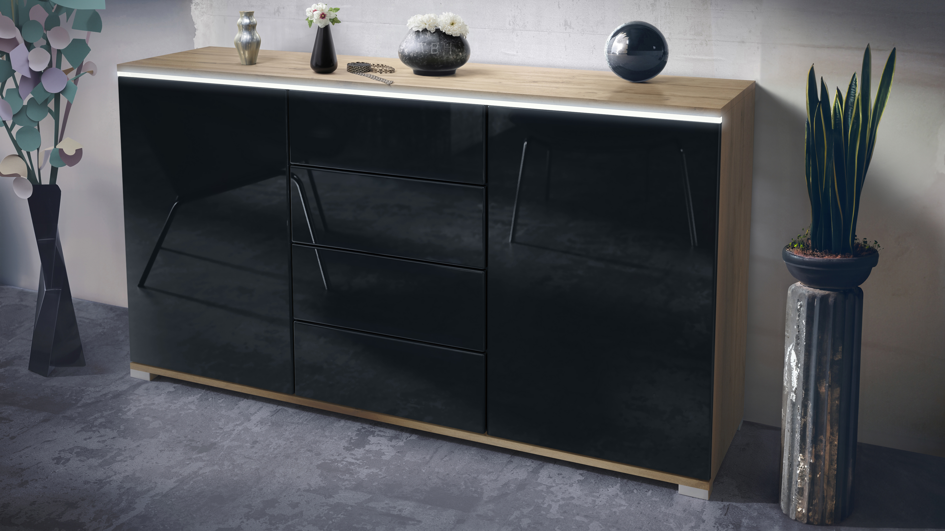 Sideboard Faro V1 Eiche Evoke Schrank mit LED Lichtleiste Eiche Evoke / Schwarz Hochglanz (138,5 x 75,5 x 35)