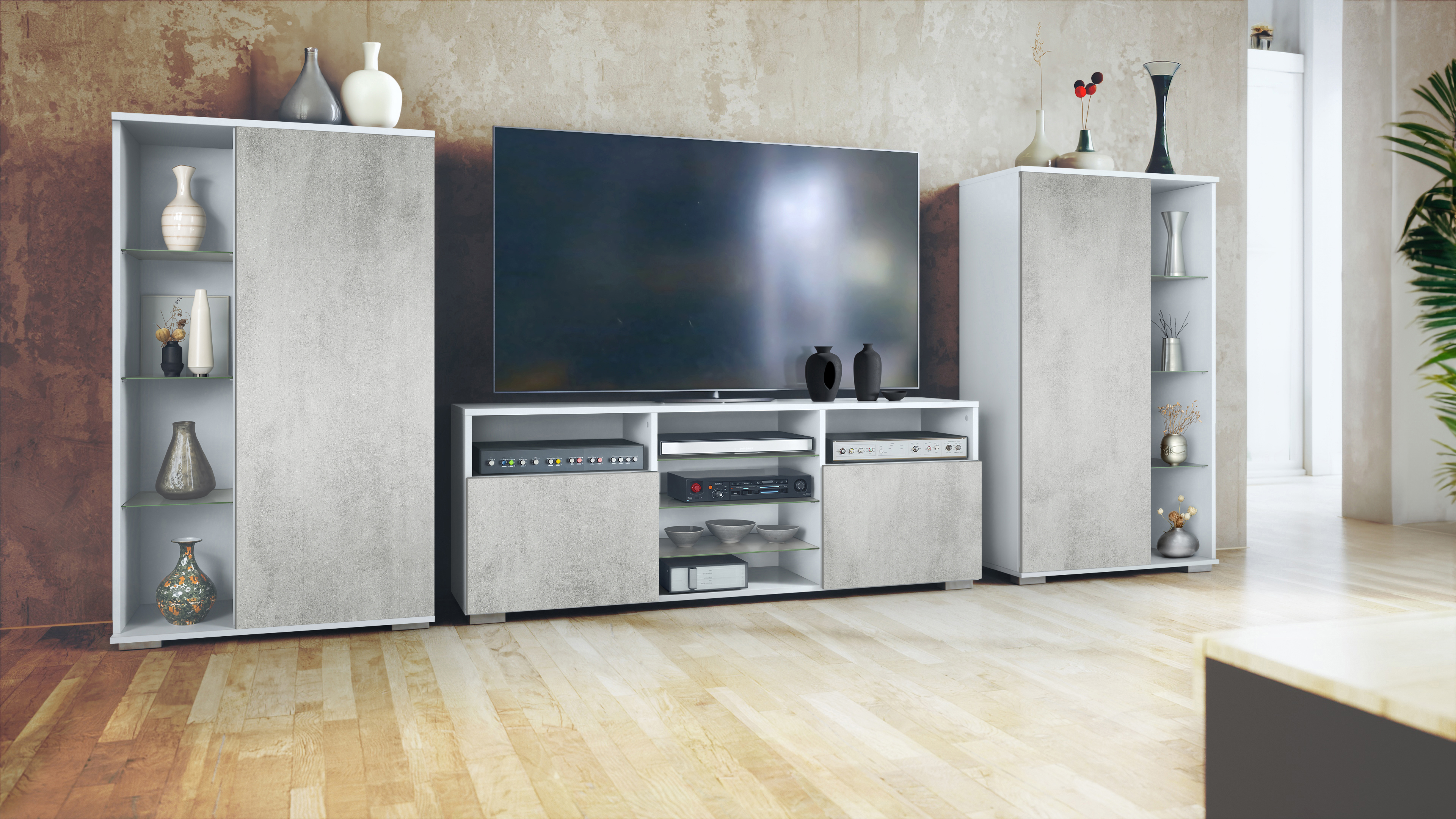 Wohnwand Davos 3-tlg. bestehend aus 2 Vitrinen und 1 TV-Board Weiß matt/Beton Oxid Optik (329 x 134 x 35 cm)