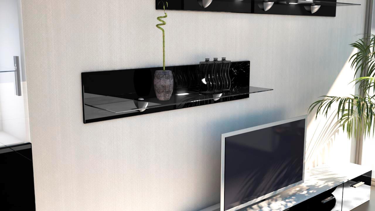 Wandregal Bari  mit praktischer Glasablage Schwarz Hochglanz (98 x 20 x 19 cm)