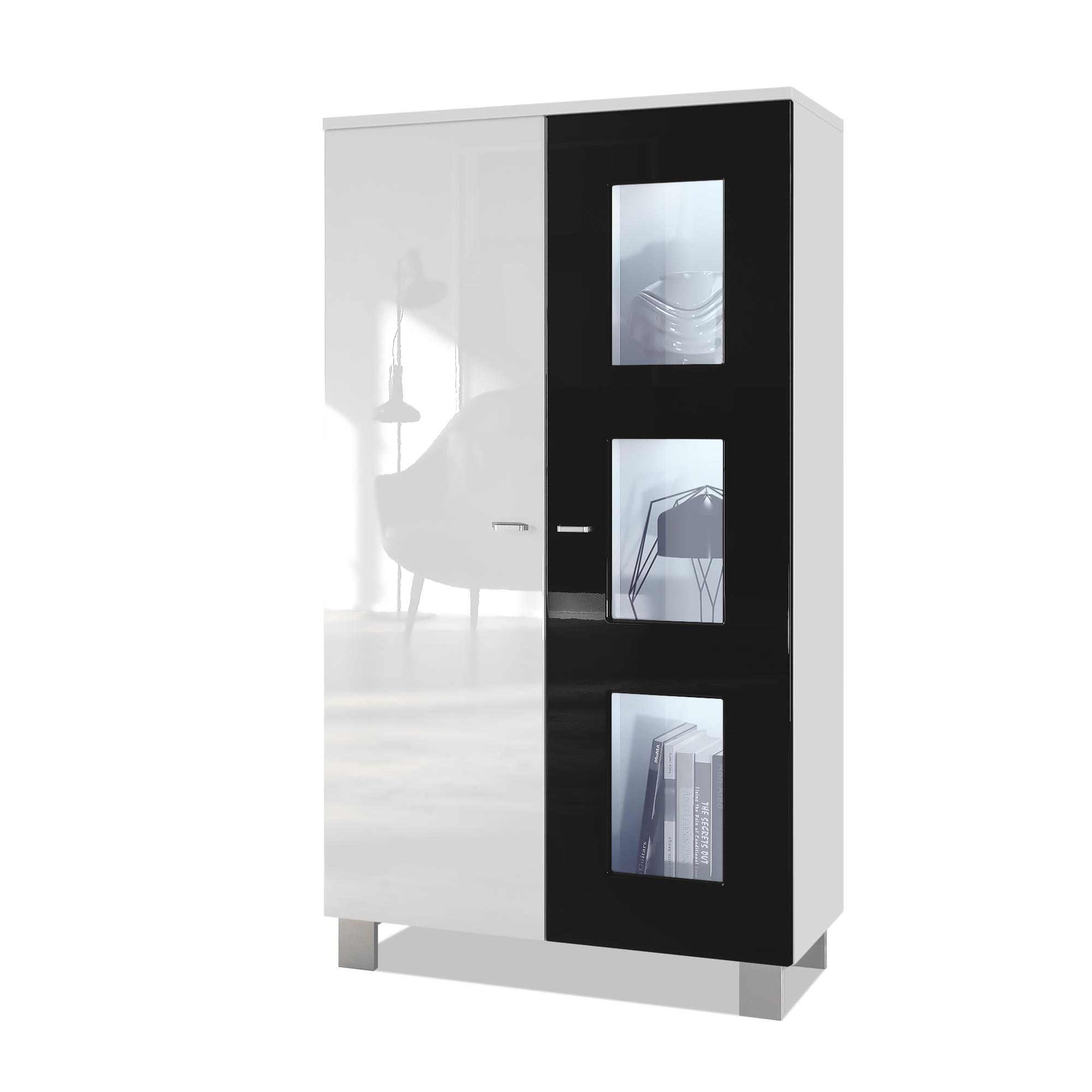 Vitrine Denjo  mit 2 Türen und 3 Glaseinsätzen Weiß matt&glänzend/ Schwarz glänzend mit Beleuchtung (71x129x35 cm)