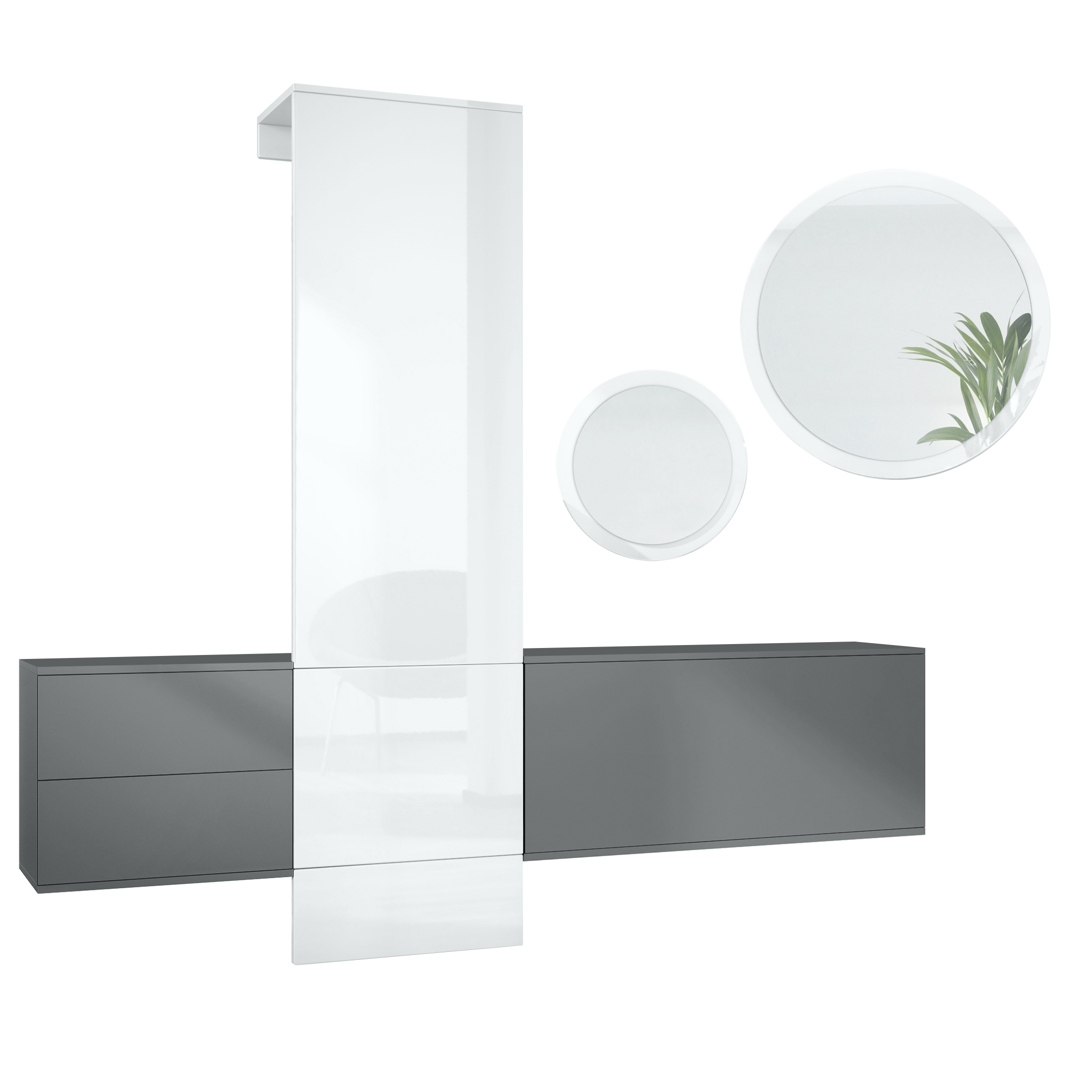 Garderoben Set DualVista bestehend aus 1 Garderobenpaneel, 2 Schrank Elementen und 2 Spiegel Anthrazit matt/Weiß Hochglanz