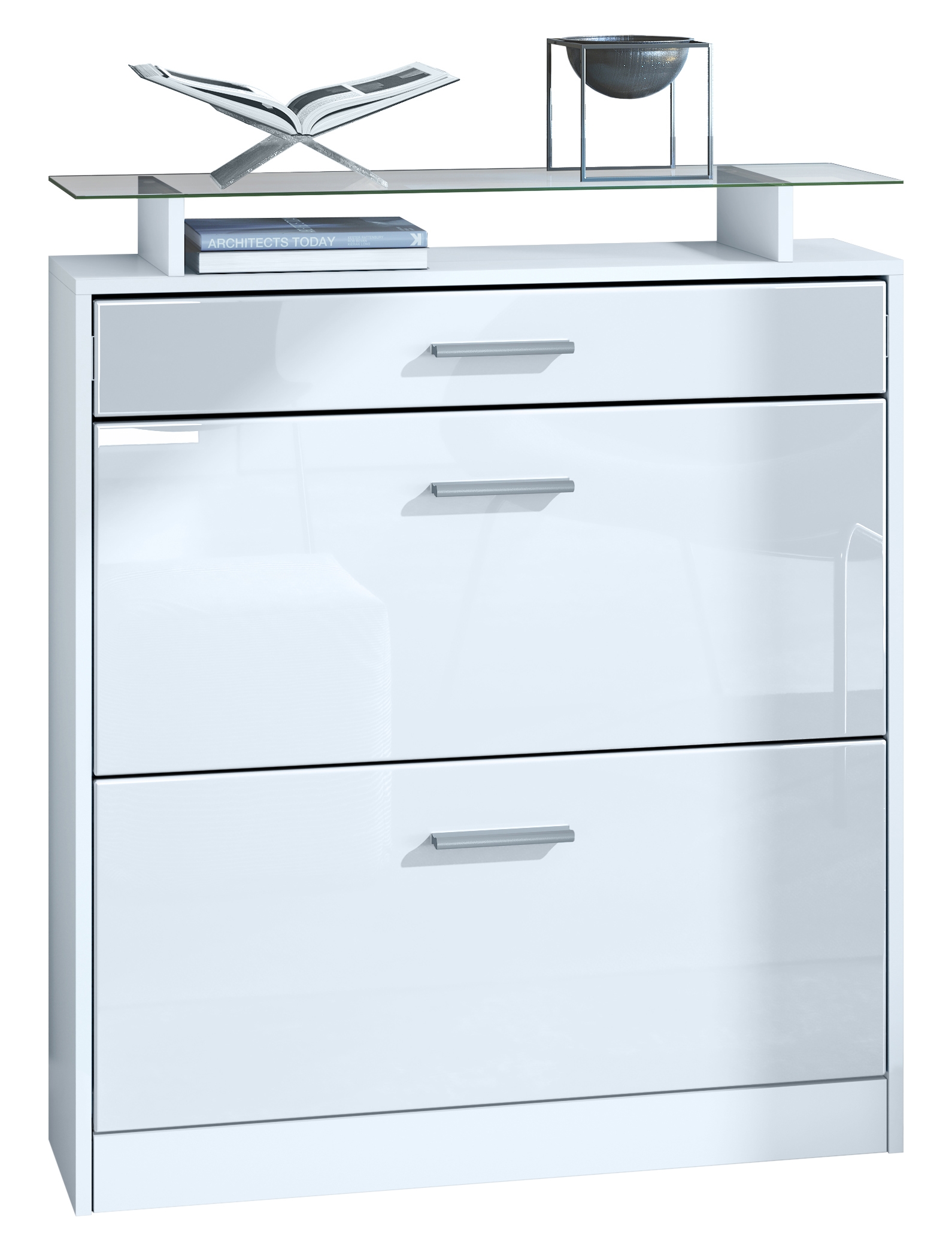 Schuhschrank Loret mit 2 Klappen und 1 Schublade und Glasablage Weiß matt/Weiß Hochglanz (89 x 104 x 23 cm)