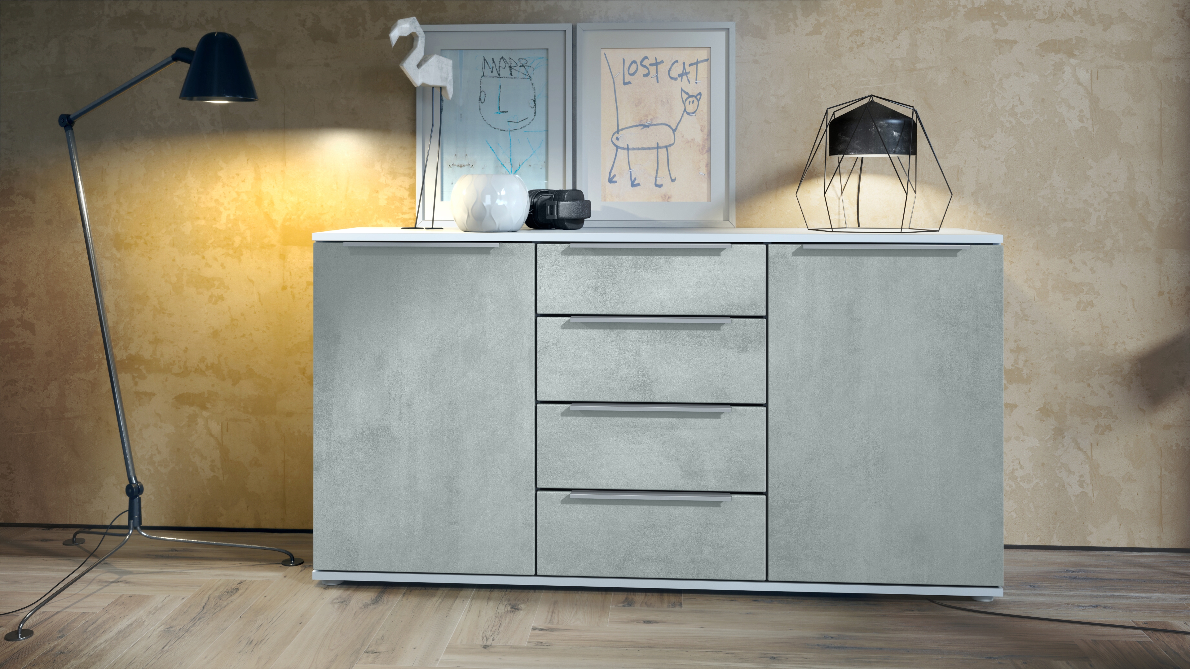 Linio V1 Sideboard  mit 2 Türen und 4 Schubladen Weiß matt/Beton Oxid Optik (139 x 72,5 x 35 cm)