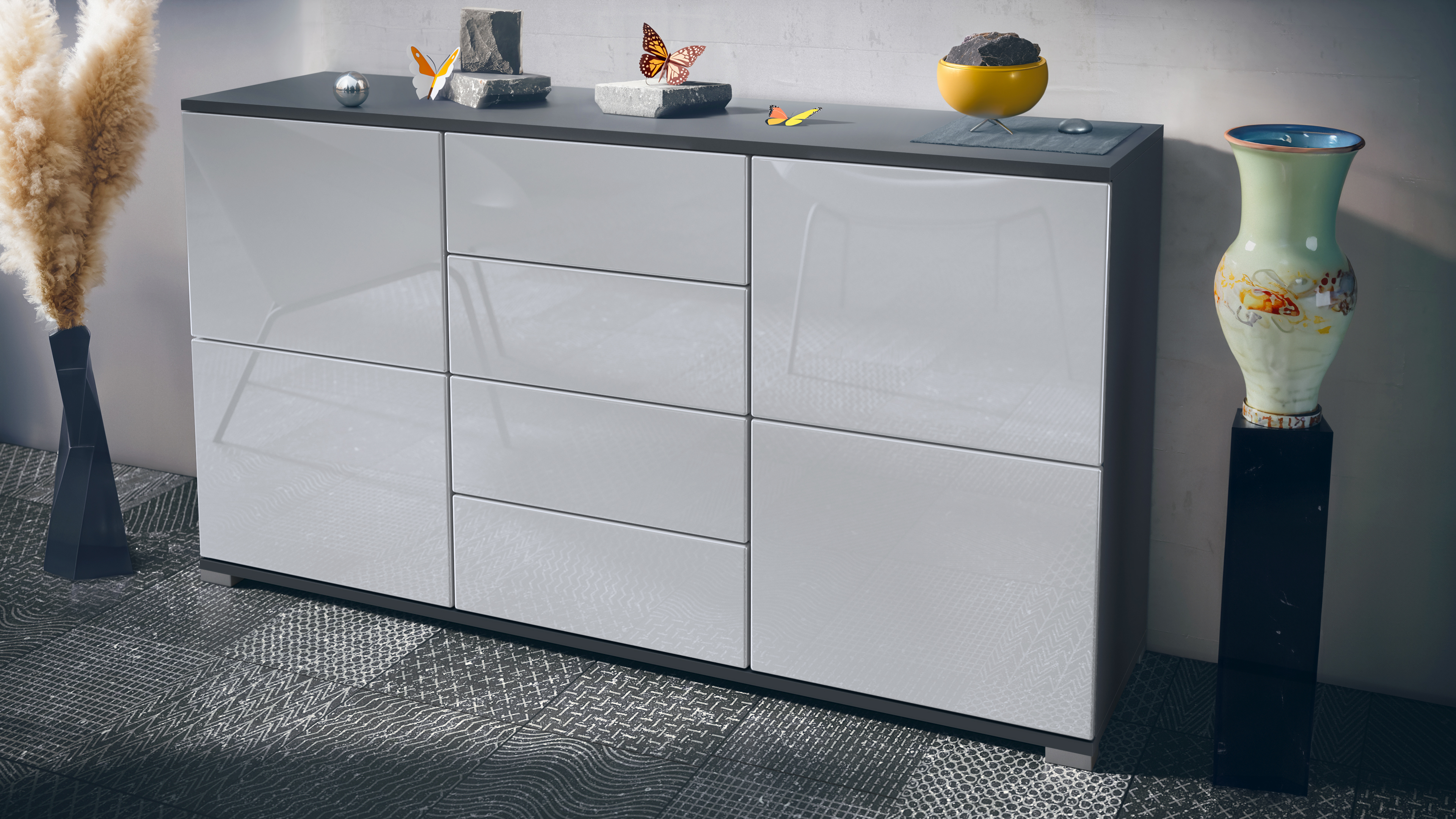 Sideboard Rova V1 4 Schubladen, Made in Germany, Anthrazit matt/Weiß Hochglanz (138,5 x 75,5 x 35)