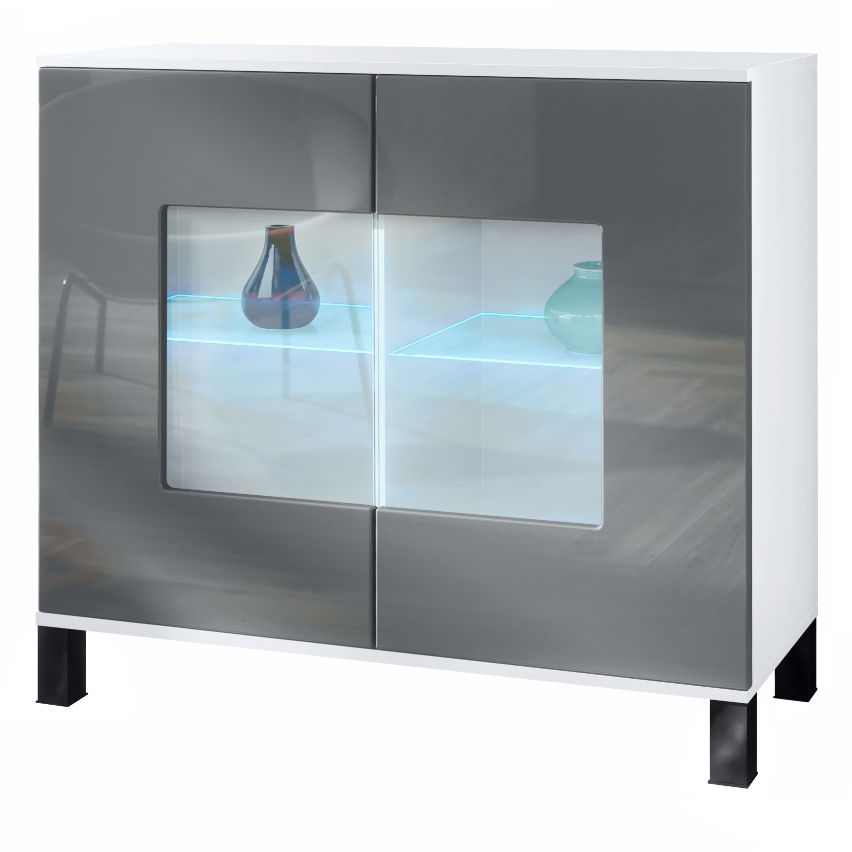 Grömitz V3 Kommode Weiß + LED mit 2 großen Glastüren inkl. RGB Beleuchtung Weiß matt / Grau Hochglanz (92,5 x 84.5 x 35)