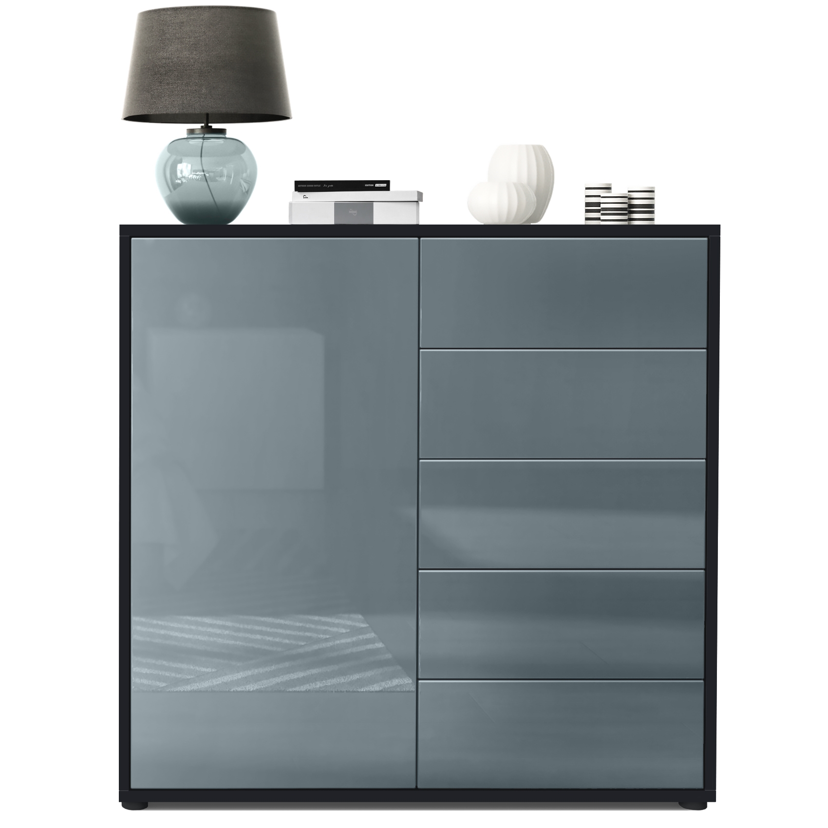 Kommode Ben V2  mit 1 Tür und 5 Schubladen Schwarz matt/Grau Hochglanz (79 x 74 x 36 cm)