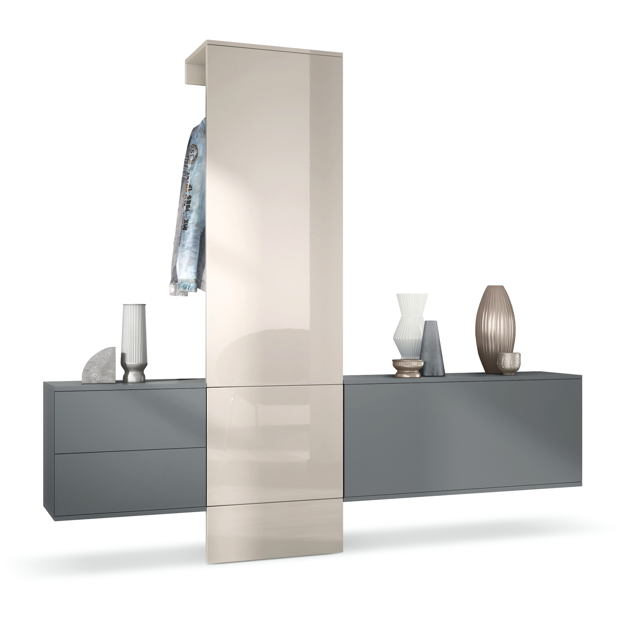 Garderobe Carlton Set 1 Anthrazit 4-tlg. 1 Paneel, 1 Schubkastenschrank und 1 Schrankmodul Anthrazit matt/Sandgrau Hochglanz (209 x 193 x 35 cm)