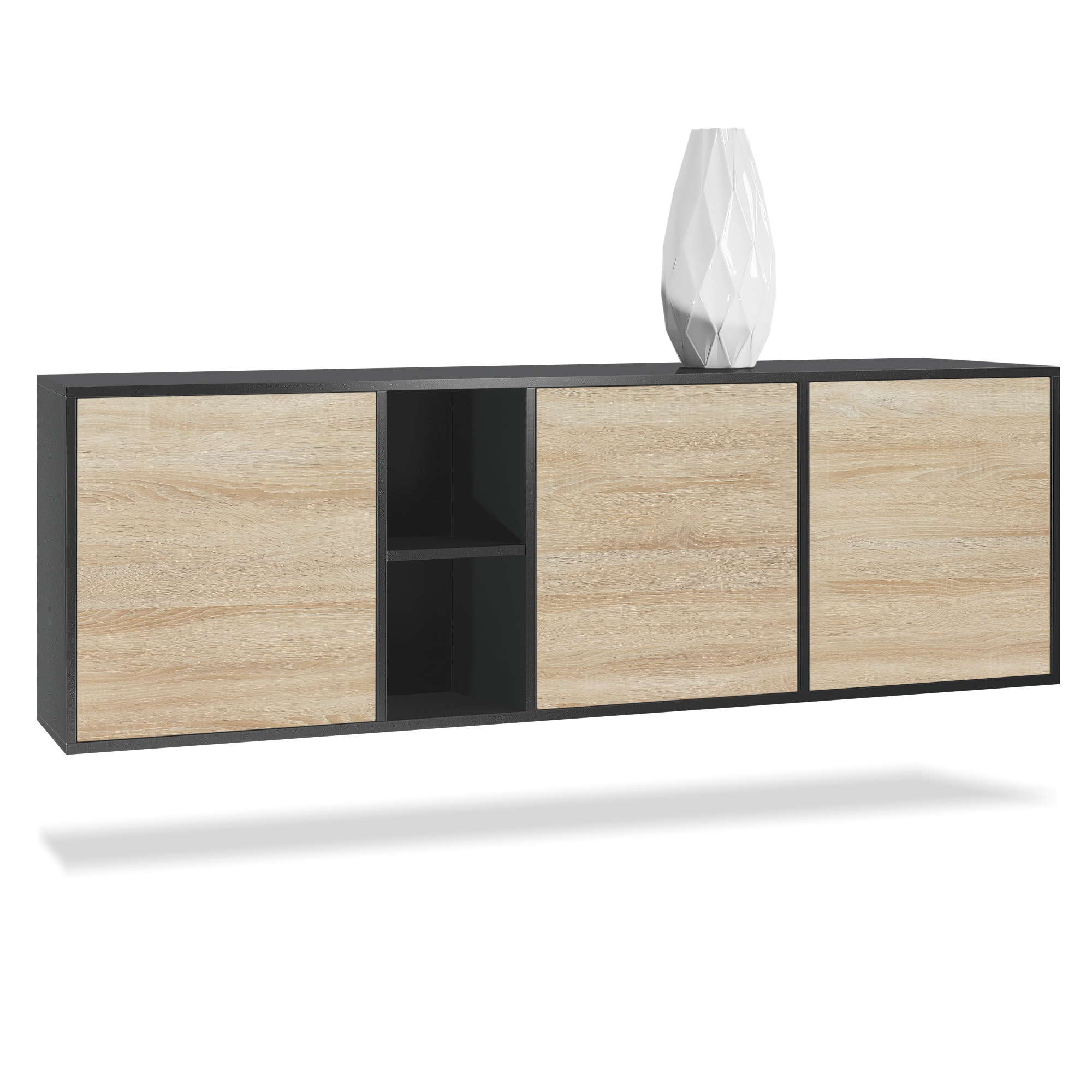 Sideboard Cuba mit 3 Türen und 2 offene Fächer Schwarz matt/Eiche sägerau (182 x 53 x 35 cm)