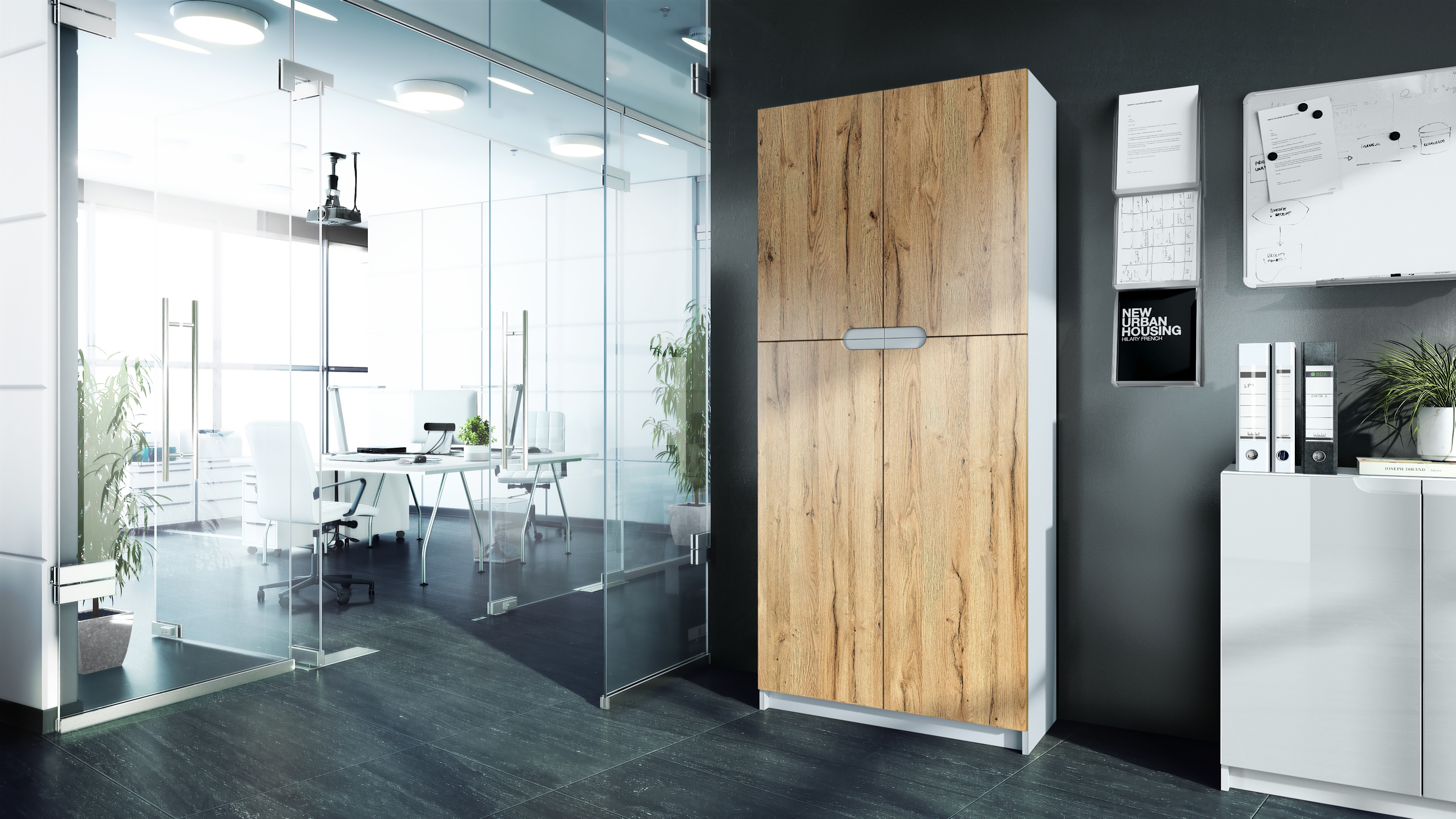 Büroschrank Logan V1 mit 5 Fächern und 4 Türen Weiß matt/Eiche Natur (82 x 185 x 37 cm)