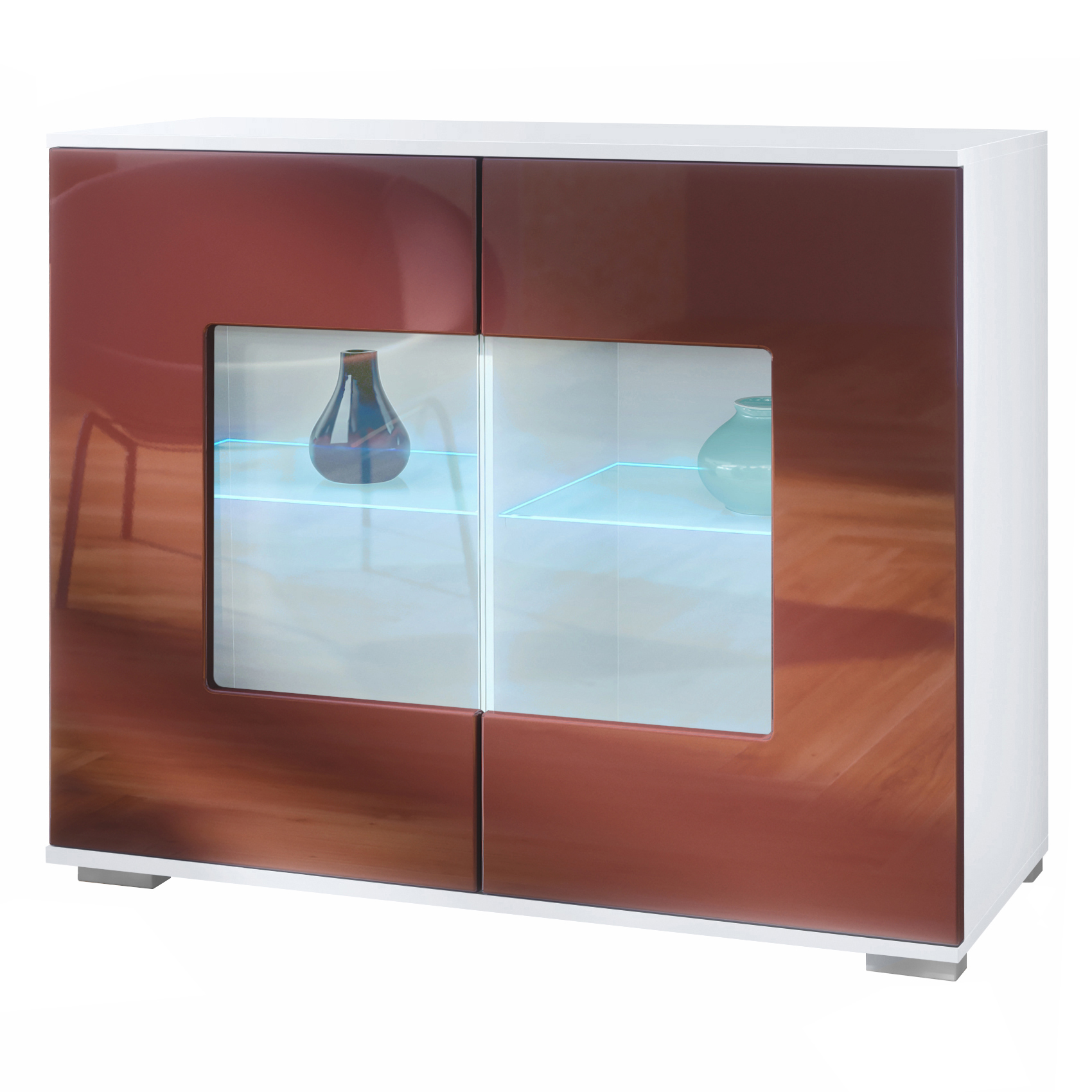 Grömitz V3 Kommode Weiß + LED mit 2 großen Glastüren inkl. RGB Beleuchtung Weiß matt / Bordeaux Hochglanz (92,5 x 75.5 x 35)
