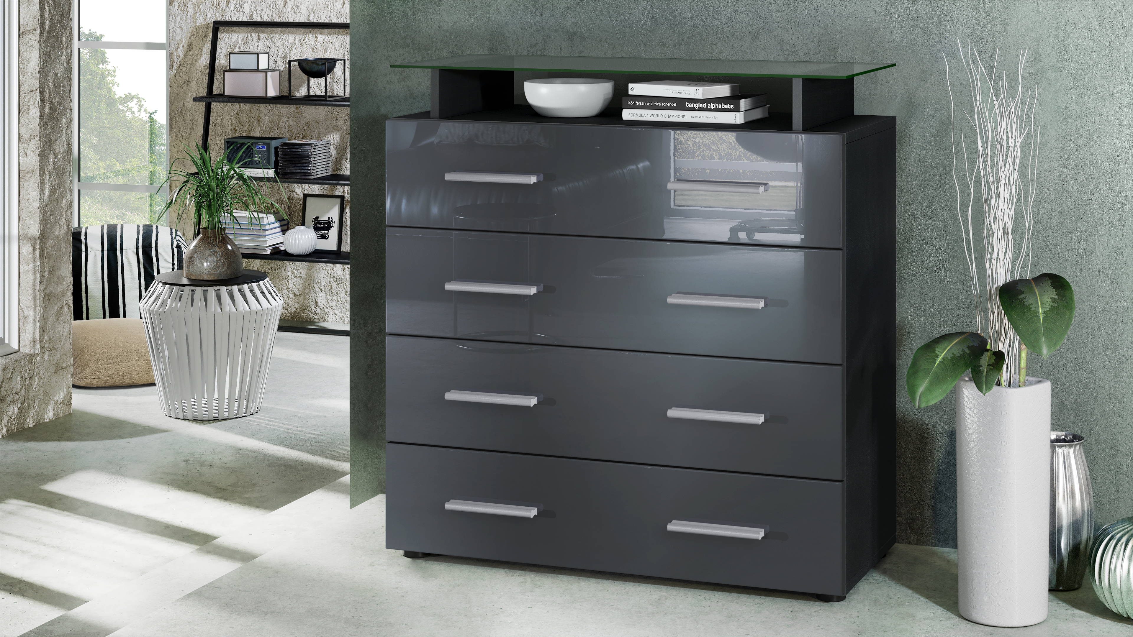 Kommode Pavos V2 mit 4 Schubladen und Glasablage Schwarz matt/Grau Hochglanz (76 x 81 x 35 cm)