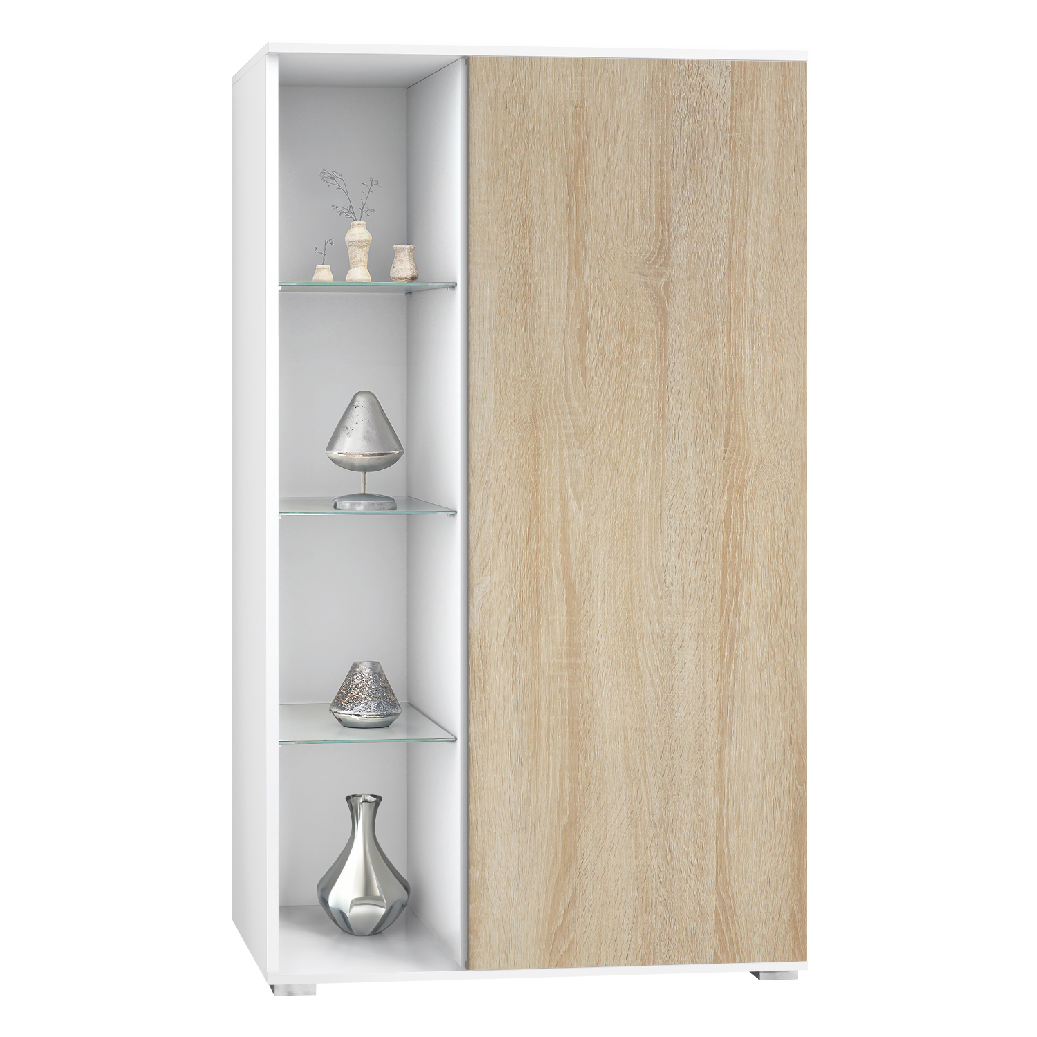 Vitrine Davos mit 3 Glasböden und 8 Fächer Weiß matt/Eiche sägerau (71,5 x 134 x 35 cm)