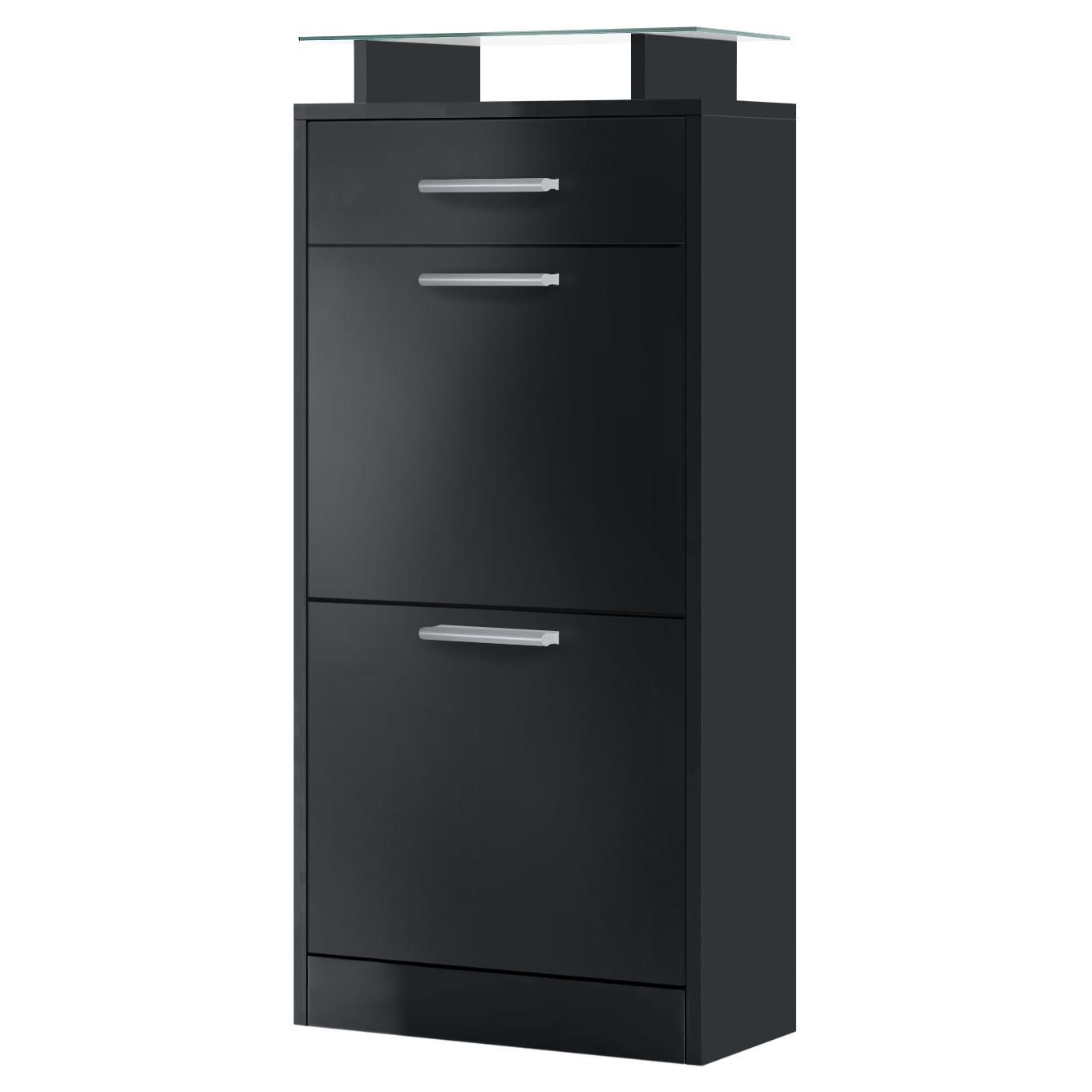 Schuhschrank Loret V2 mit 2 Klappen, 1 Schublade und Glasablage Schwarz matt/Schwarz matt (46 x 104 x 23 cm)