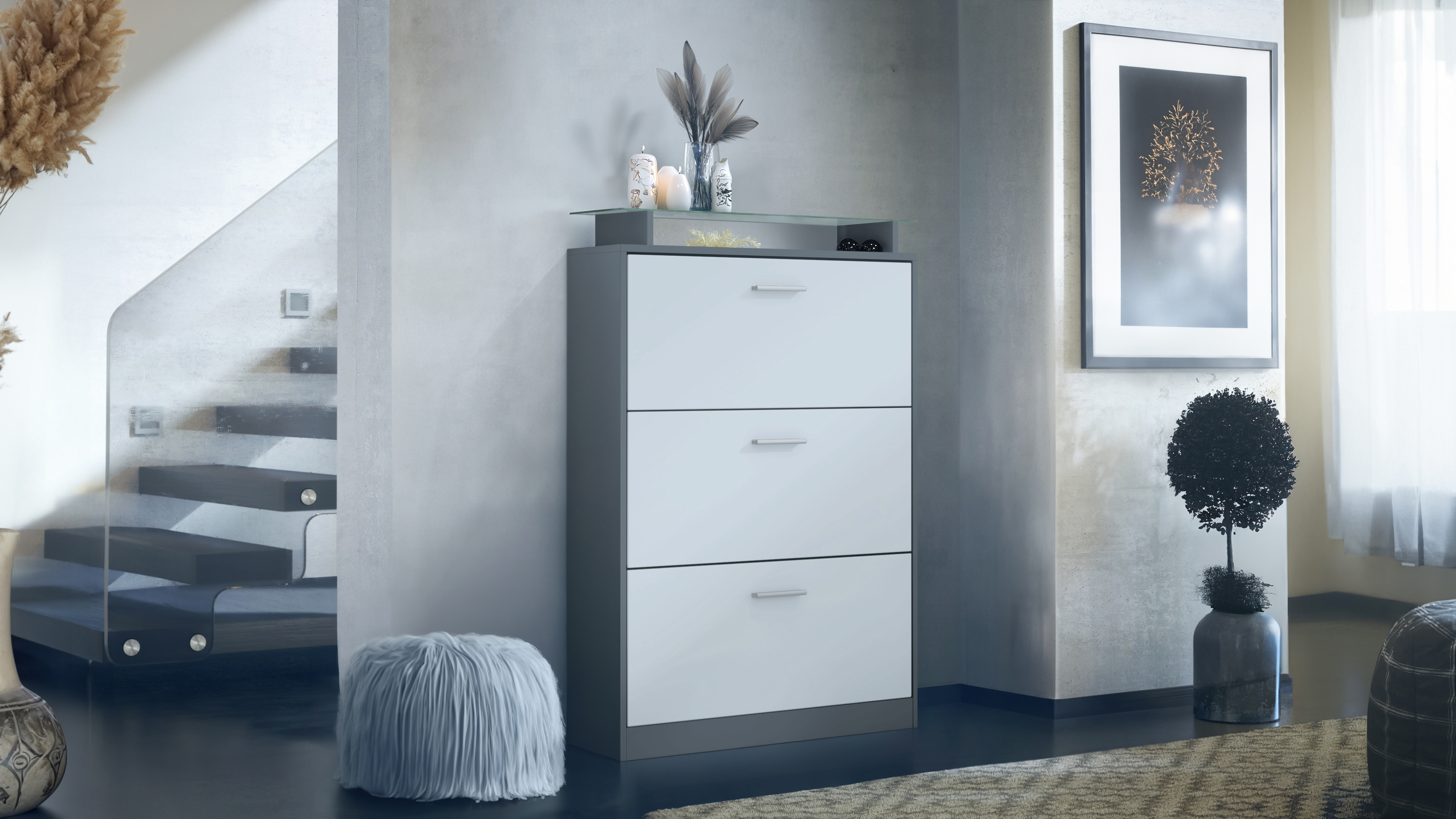 Lavia Schuhschrank Anthrazit matt für 24 Paar Schuhe mit 3 Klappen und Glasablage Anthrazit matt/Weiß matt (89 x 128 x 23 cm)