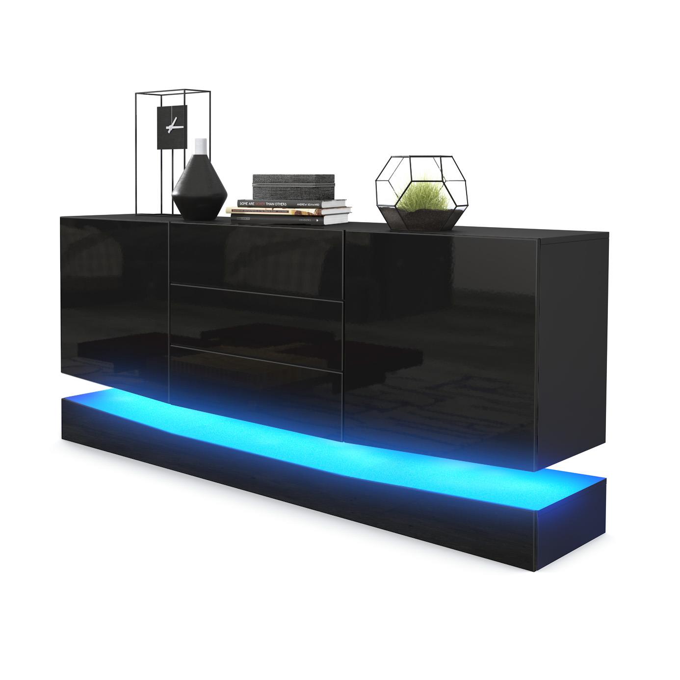 Sideboard City und 3 Schubladen inkl. LED-Beleuchtung,  Schwarz matt/Schwarz Hochglanz (178 x 72 x 38 cm)