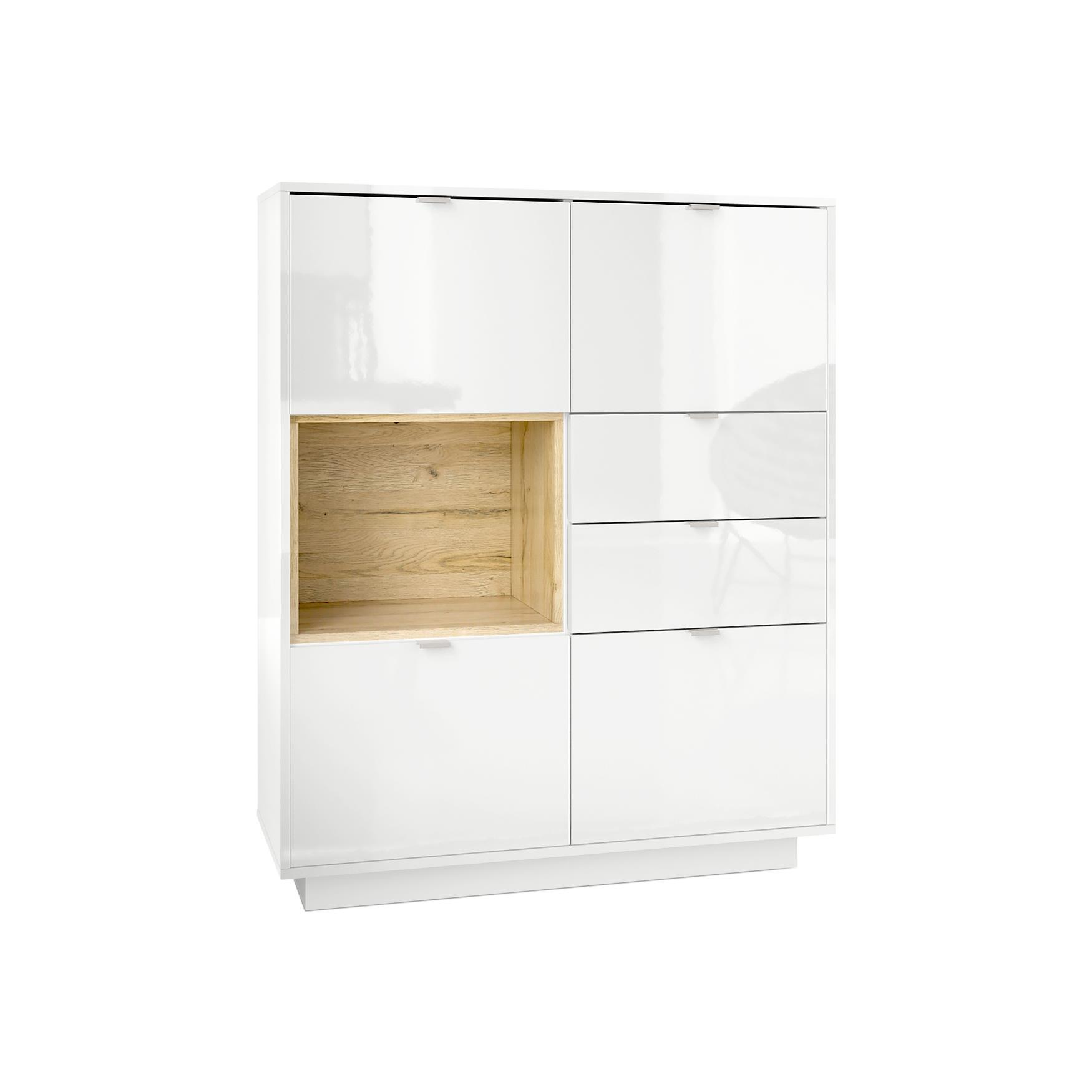 Highboard Metro  mit 4 Türen, 2 Schubladen und 1 offenem Fach Weiß Hochglanz/Eiche Natur (103 x 123 x 38 cm)