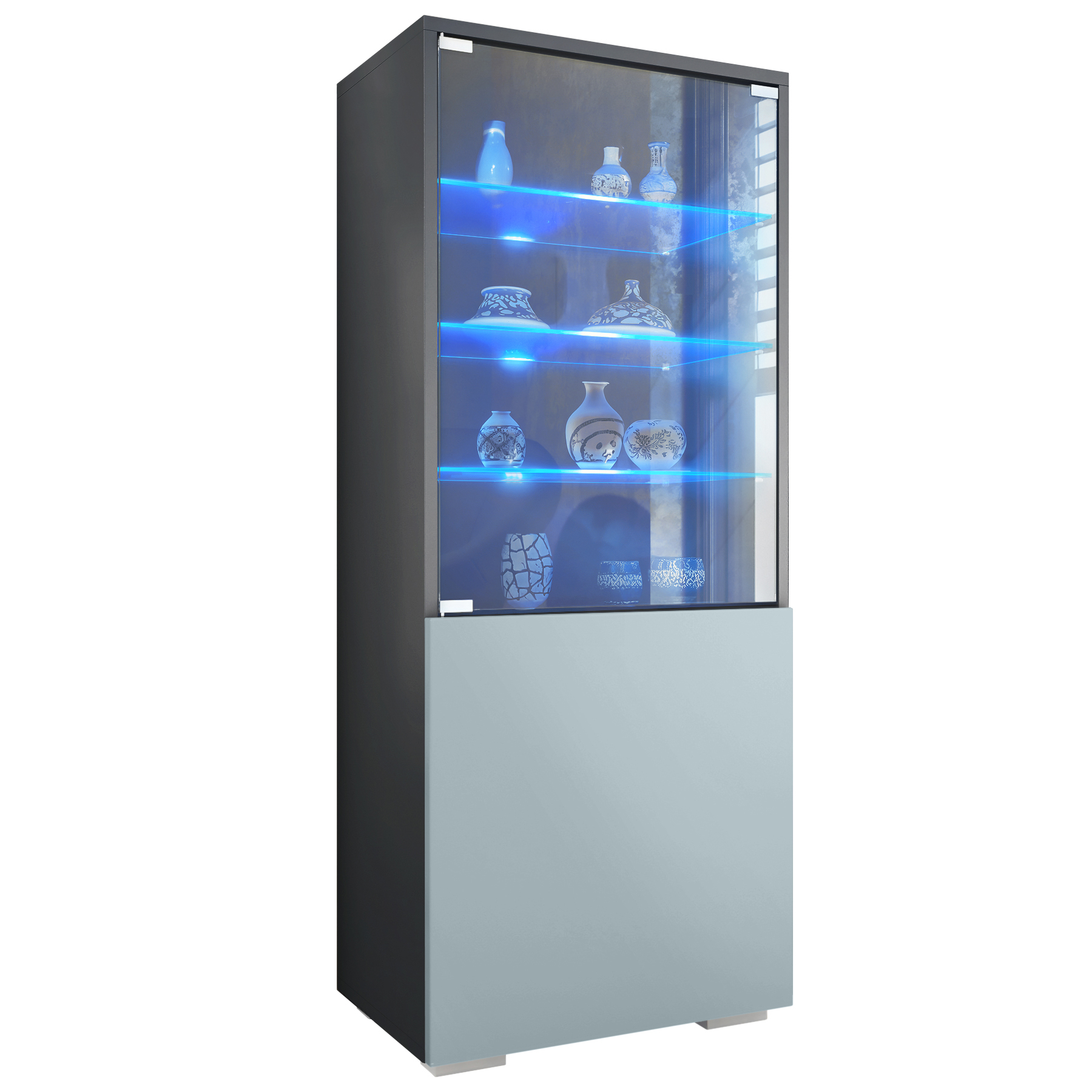 Granada Vitrine Anthrazit mit LED mit Glastür und Glaseinsatz inkl. LED Anthrazit matt/Denim matt (50 x 122,5 x 34,5 cm)