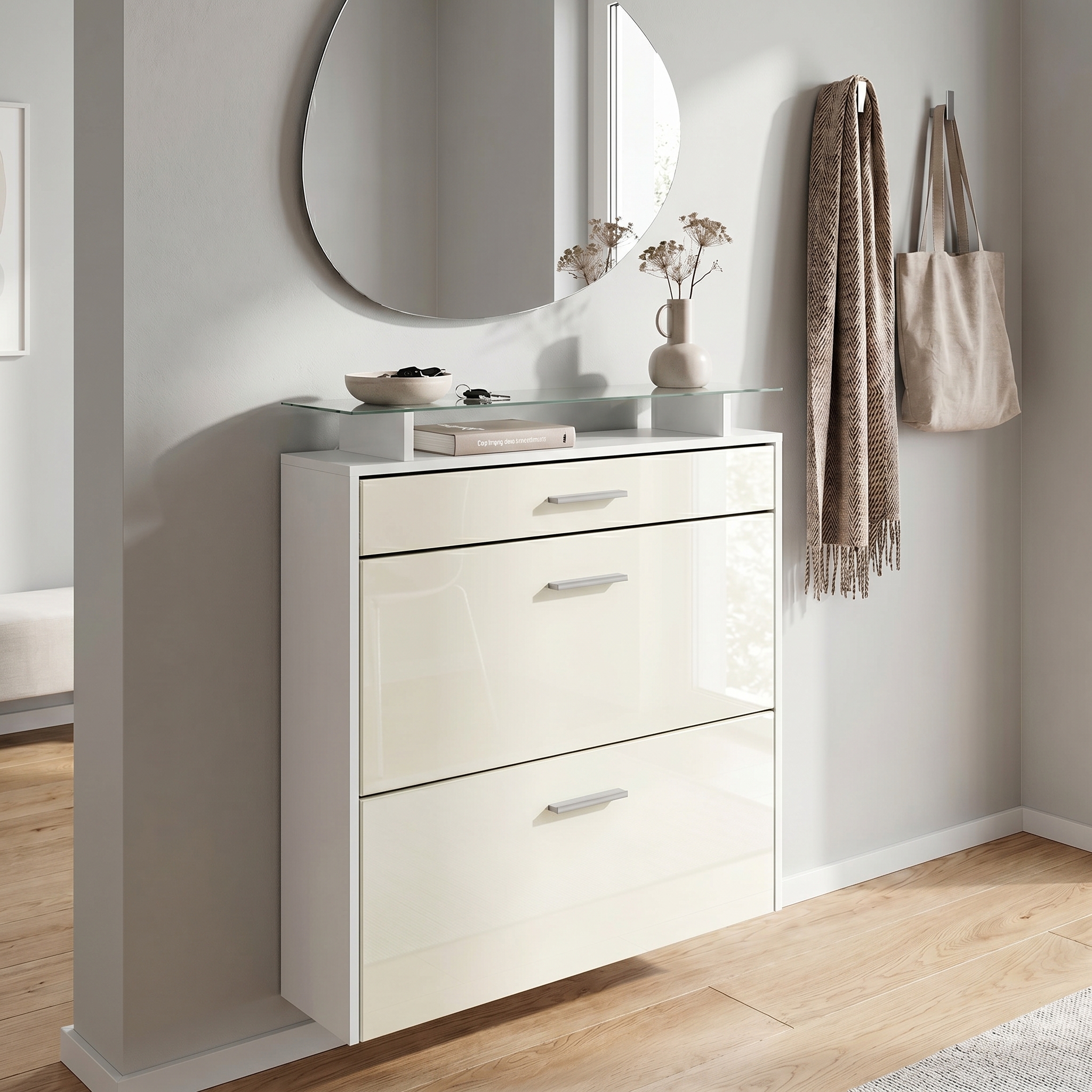 Schuhschrank Malea mit 2 Klappen und 1 Schublade und Glasablage Weiß matt/Creme Hochglanz (89 x 96 x 23 cm)