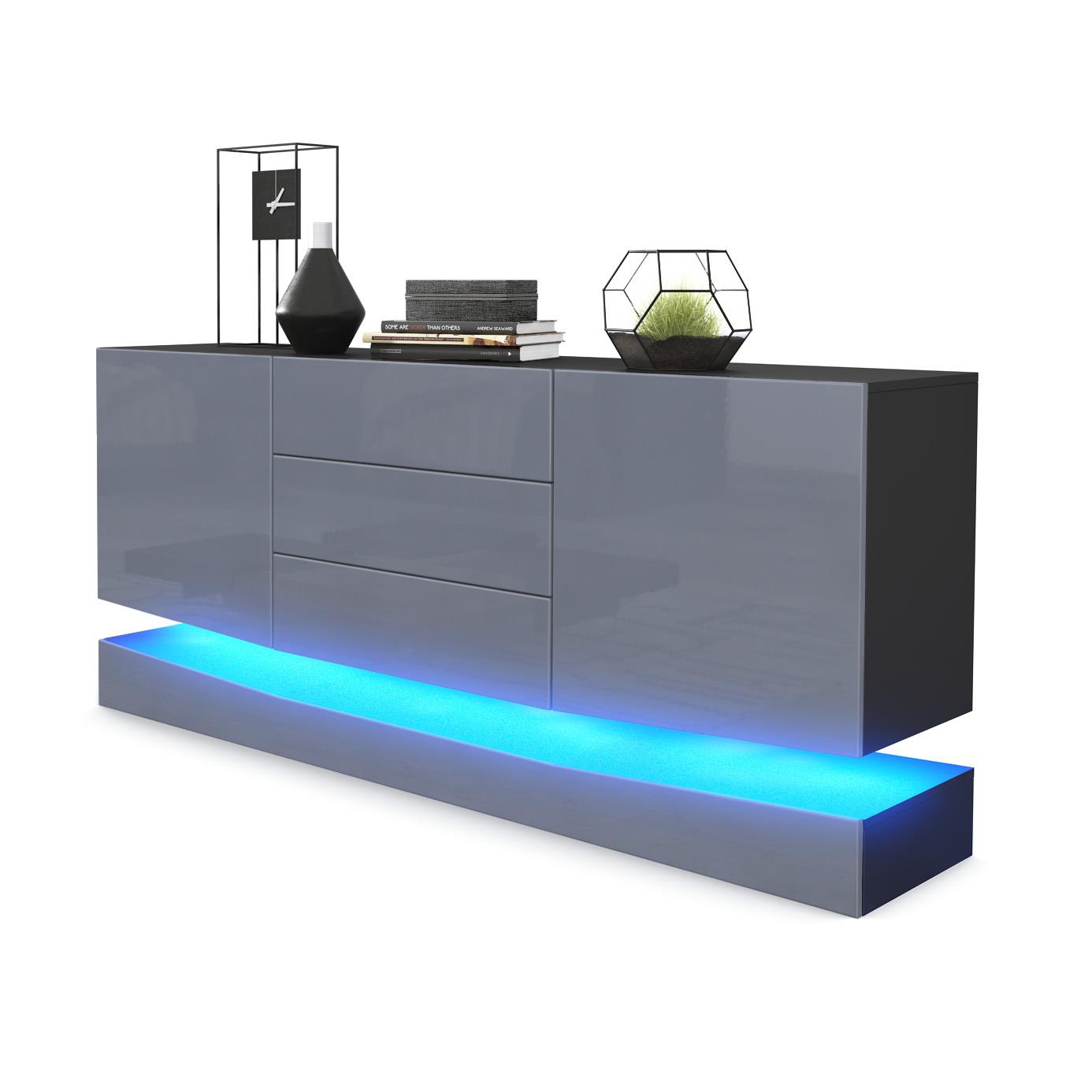 Sideboard City und 3 Schubladen inkl. LED-Beleuchtung Schwarz Hochglanz/Grau Hochglanz (178 x 72 x 38 cm)