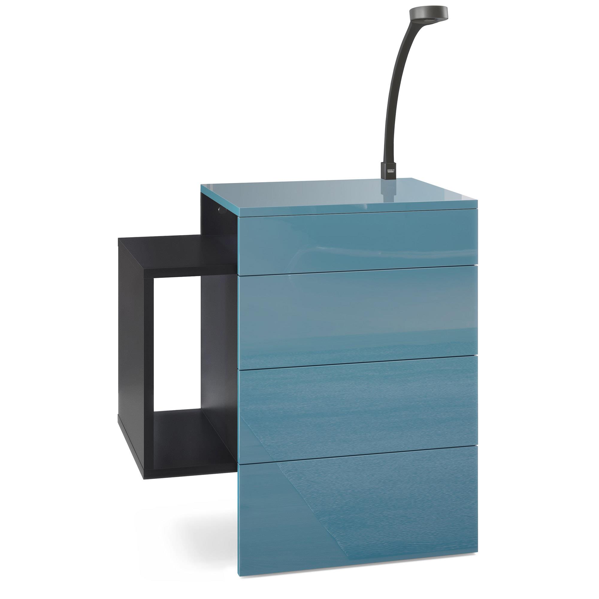 Nachttisch Queens und 1 seitlichem Fach zur Wandmontage Schwarz matt/Petrol Hochglanz inkl. LED Flexi Lampe (60 x 63 x 36 cm)