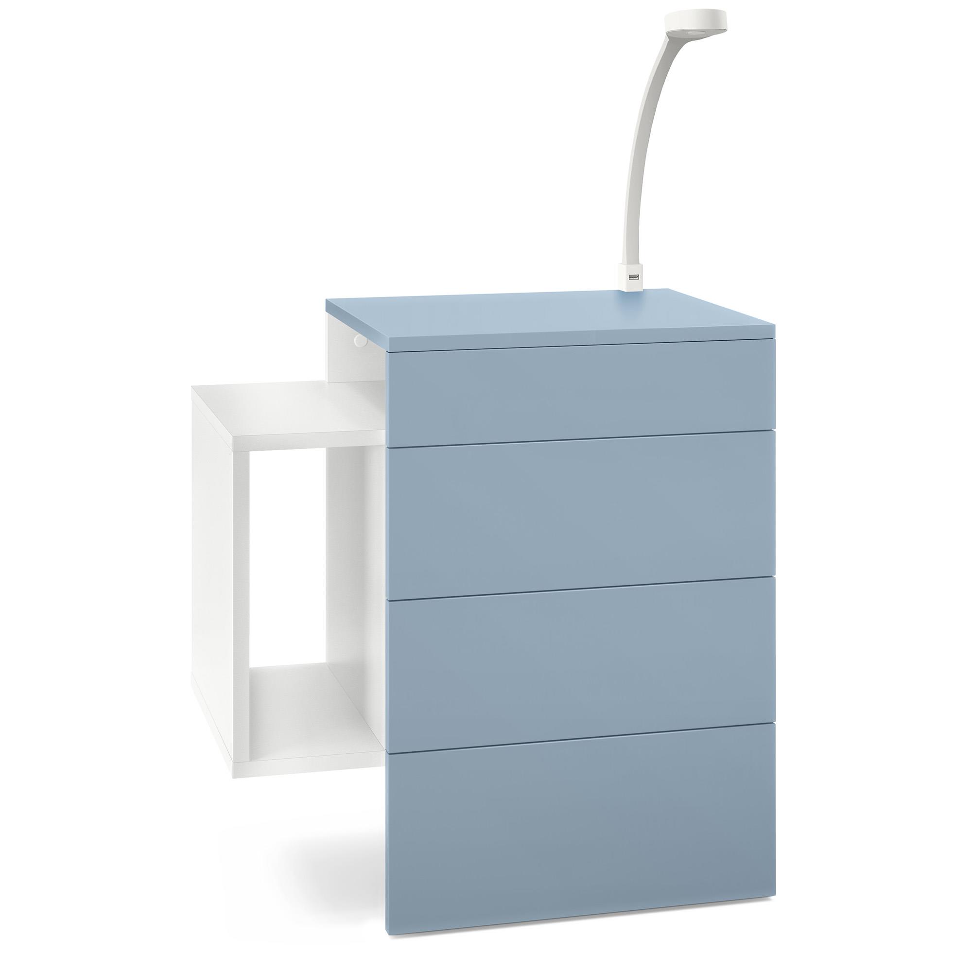 Nachttisch Queens und 1 seitlichem Fach zur Wandmontage Weiß matt/Denim matt inkl. LED Flexi Lampe (60 x 63 x 36 cm)