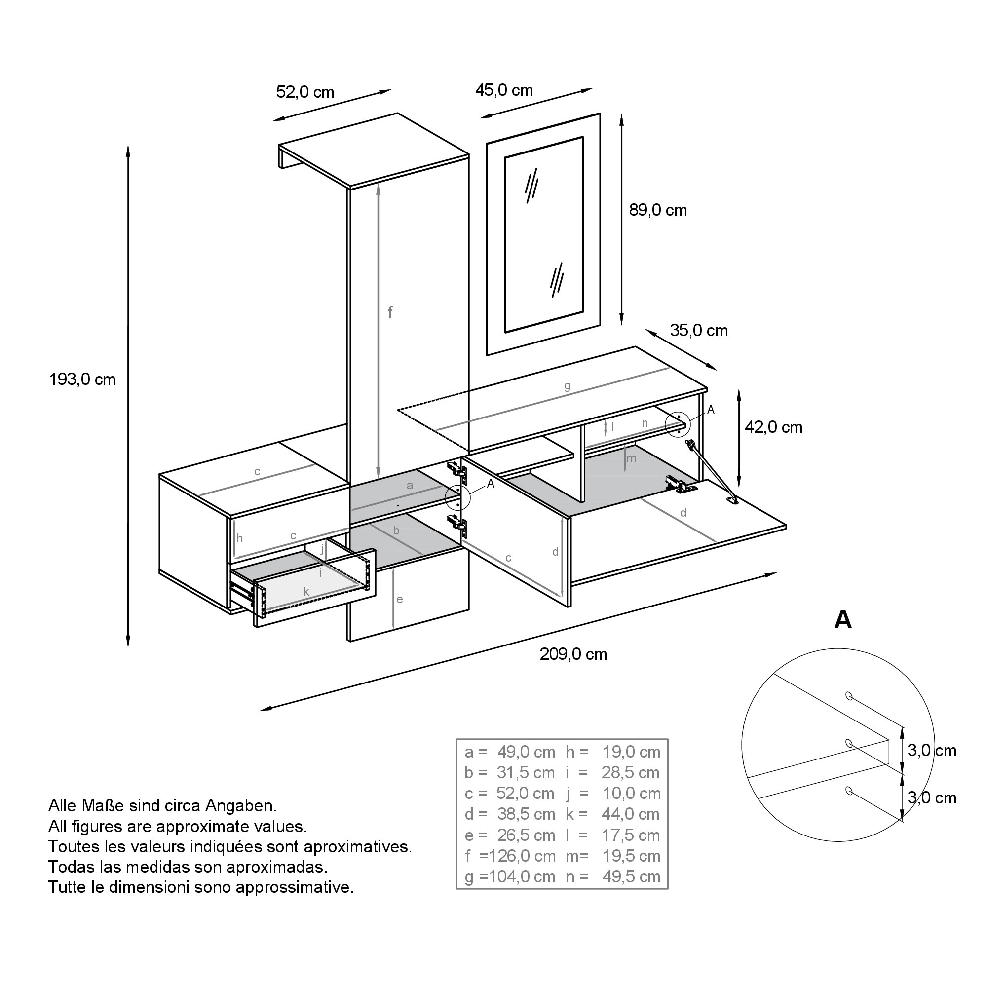 Garderobe Carlton Set 1 Weiß 4-tlg. 1 Paneel, 1 Schubkastenschrank, 1 Schrankmodul und 1 Spiegel Weiß matt/Eiche Natur (208 x 193 x 35 cm)