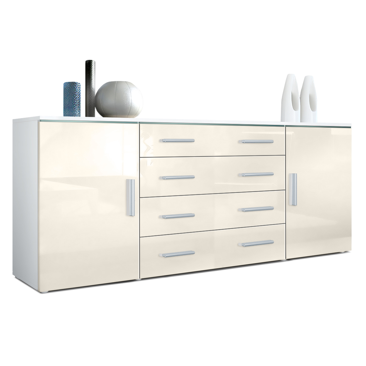Sideboard Faro V2 mit 2 Türen und 4 Schubladen Weiß matt/Creme Hochglanz (166 x 72 x 35)