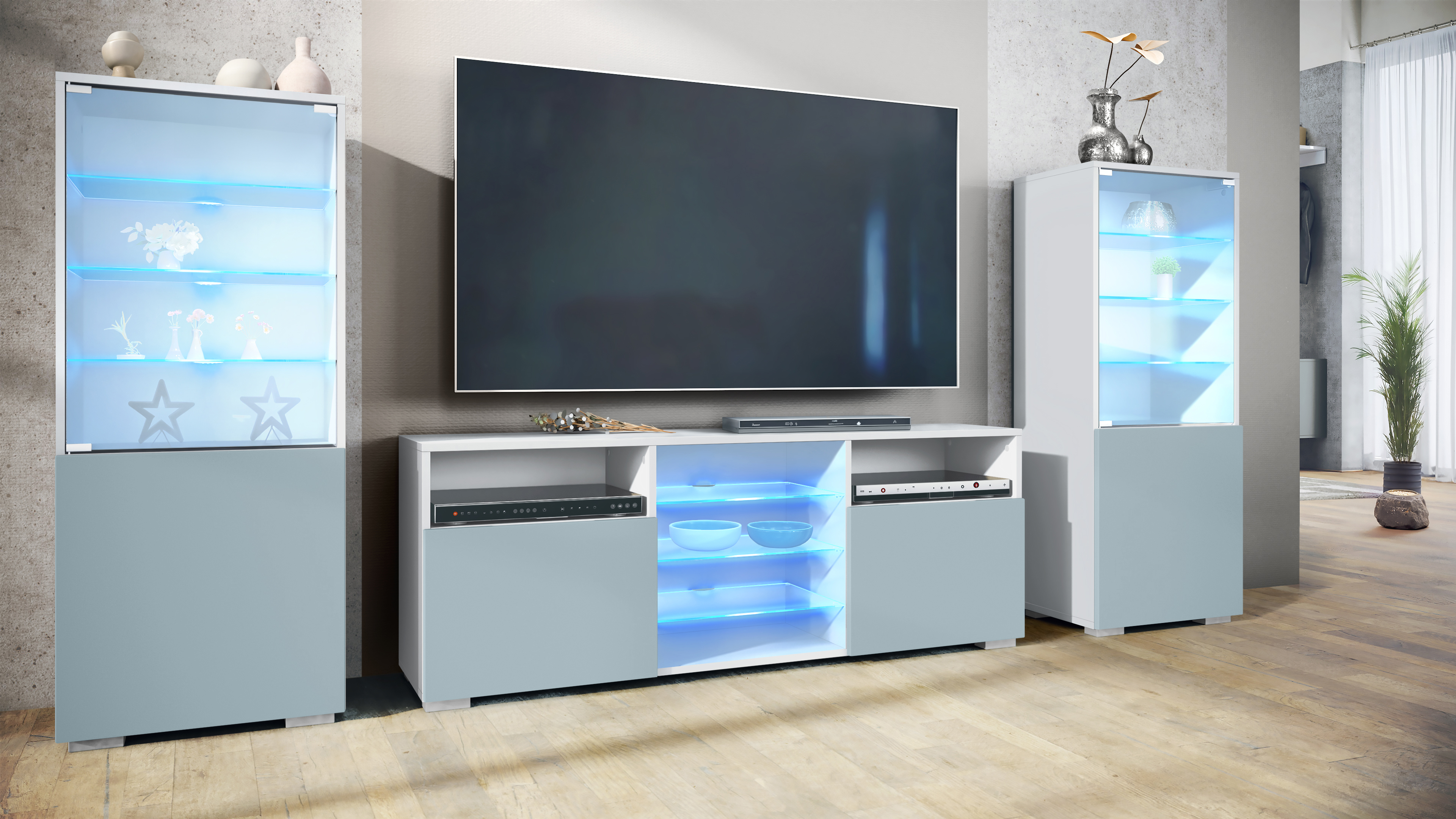 Wohnwand 3-tlg. Granada Weiß LED bestehend aus 2 Vitrinen, 1 TV-Board und LED-Beleuchtung False/Denim matt (286 x 122,5 x 35 cm)