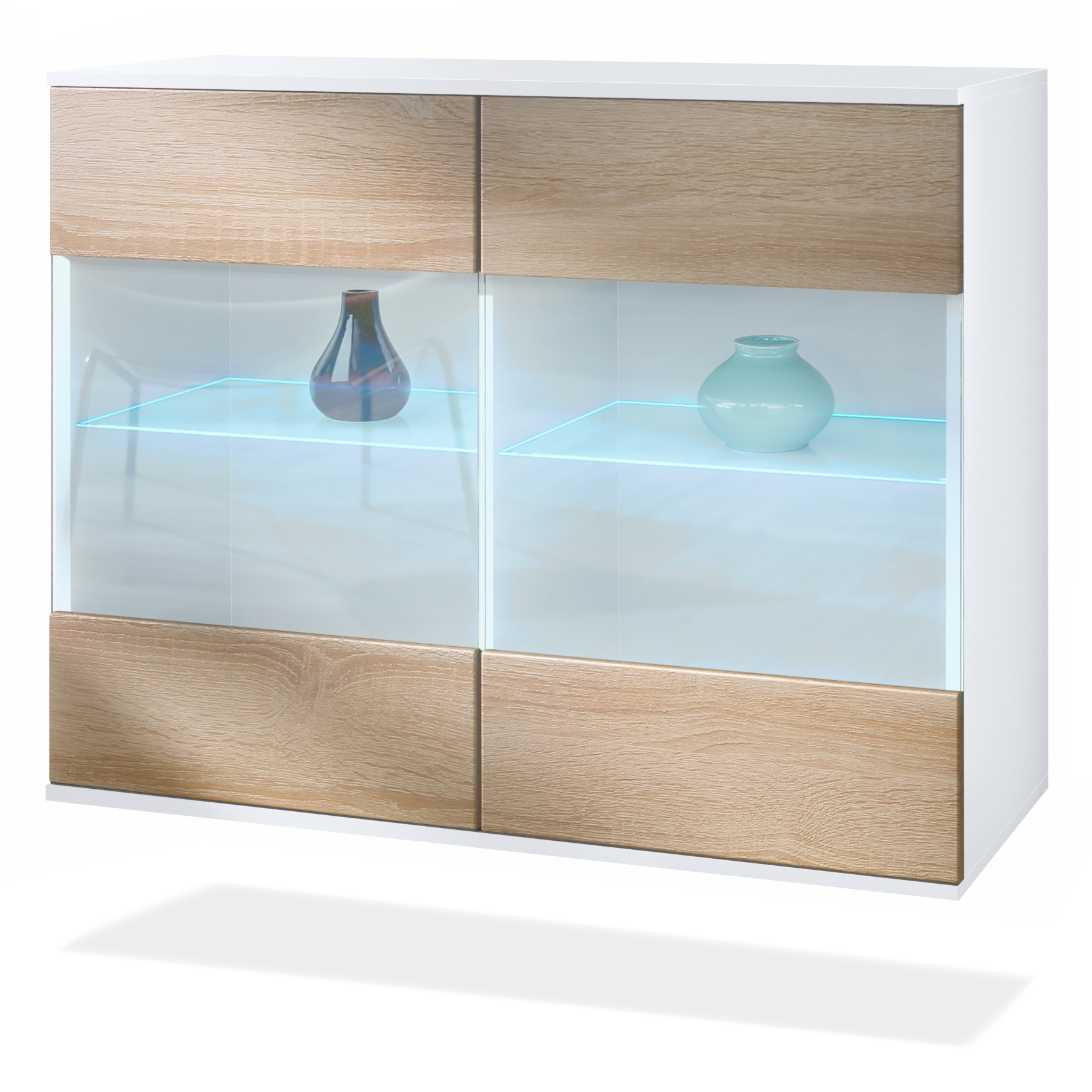 Bari V3 Kommode Weiß + LED mit 2 großen Glastüren inkl. RGB Beleuchtung Weiß matt / Eiche sägerau (92,5 x 73.5 x 35)