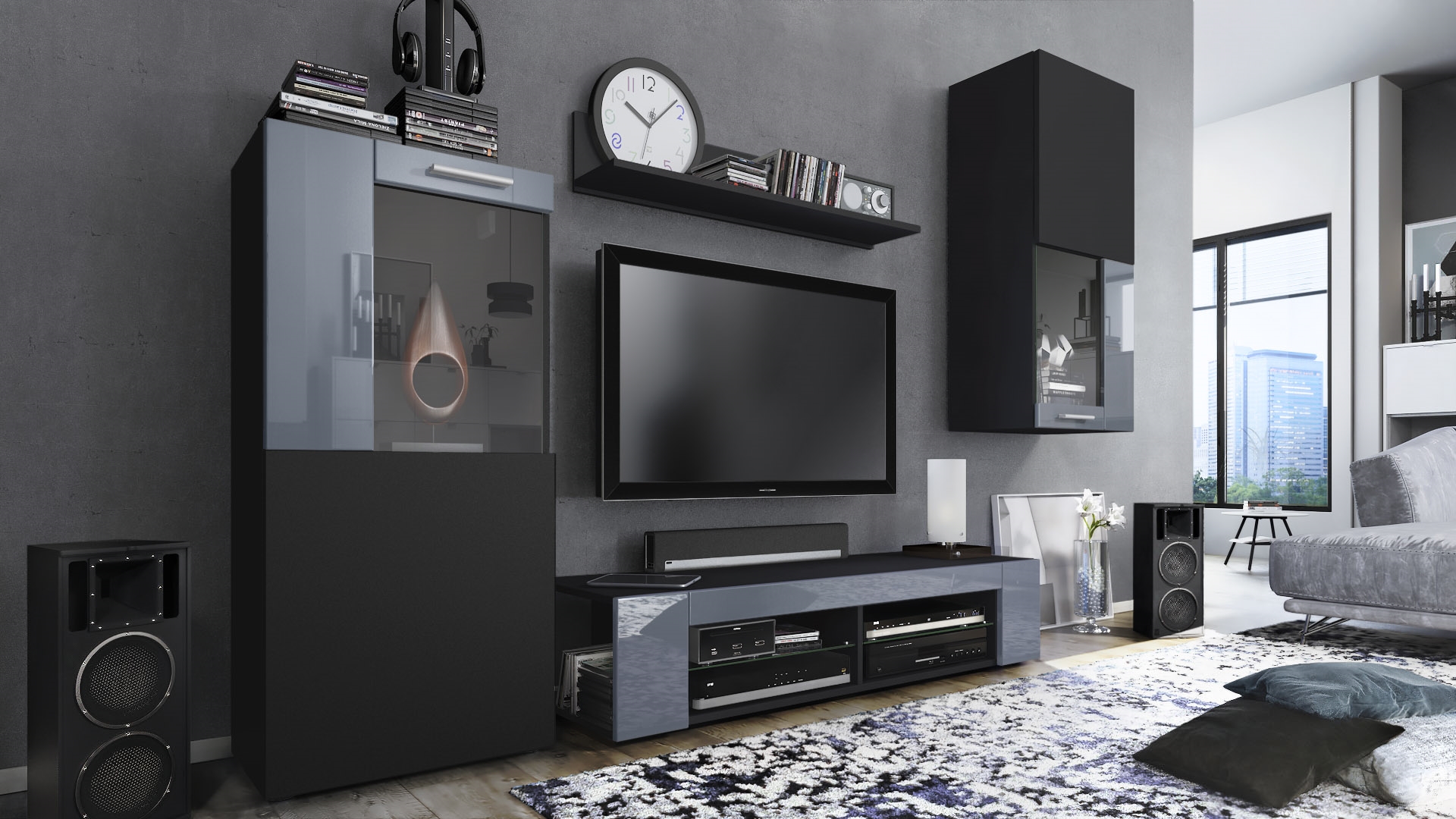 Wohnwand Movie 4-tlg. Schwarz   bestehend aus 1 TV-Board, 2 Vitrinen und 1 Regal Schwarz matt/Schwarz matt/Grau Hochglanz (Gesamt: 300 x 190 x 39 cm)