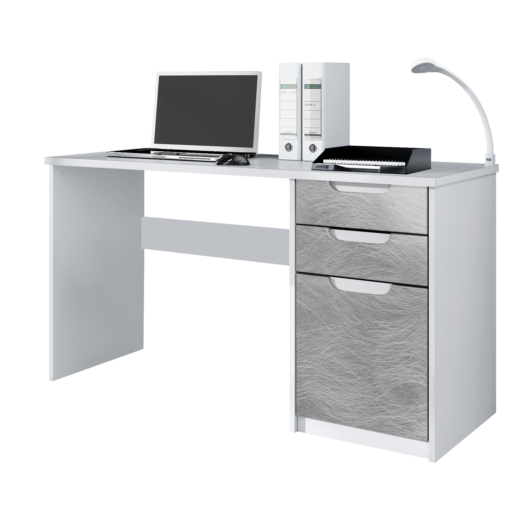 Schreibtisch Logan mit 2 Schubladen und 1 Tür Weiß matt/Scratchy Metal (129 x 76 x 60 cm)